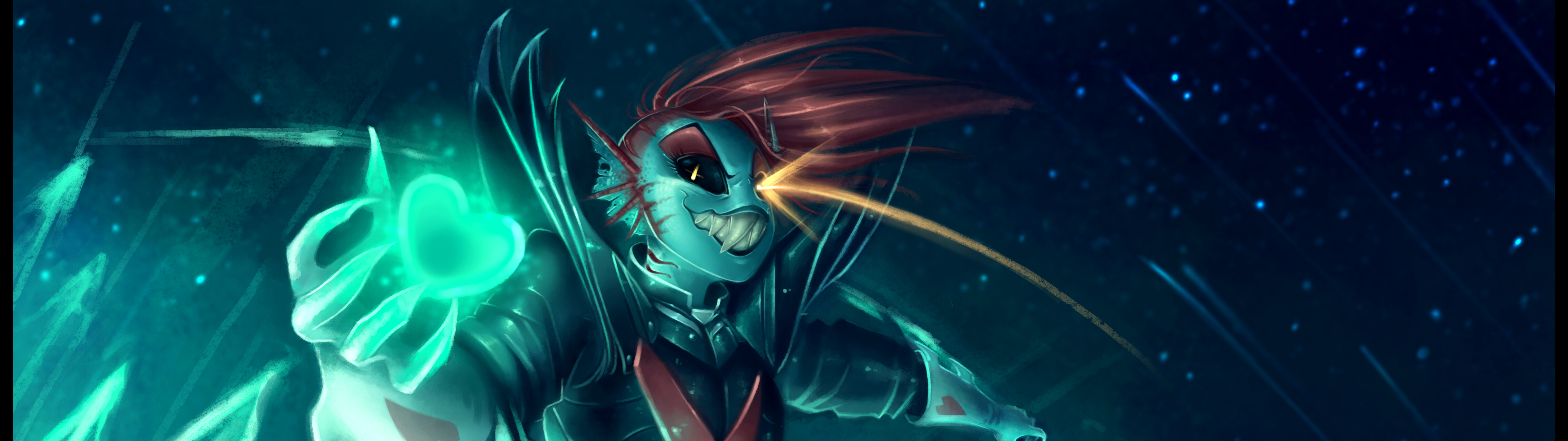 Undyne, nieśmiertelna wojowniczka z gry Undertale, ubrana w zbroję, z czerwonymi włosami i symbolem czerwonego serca.