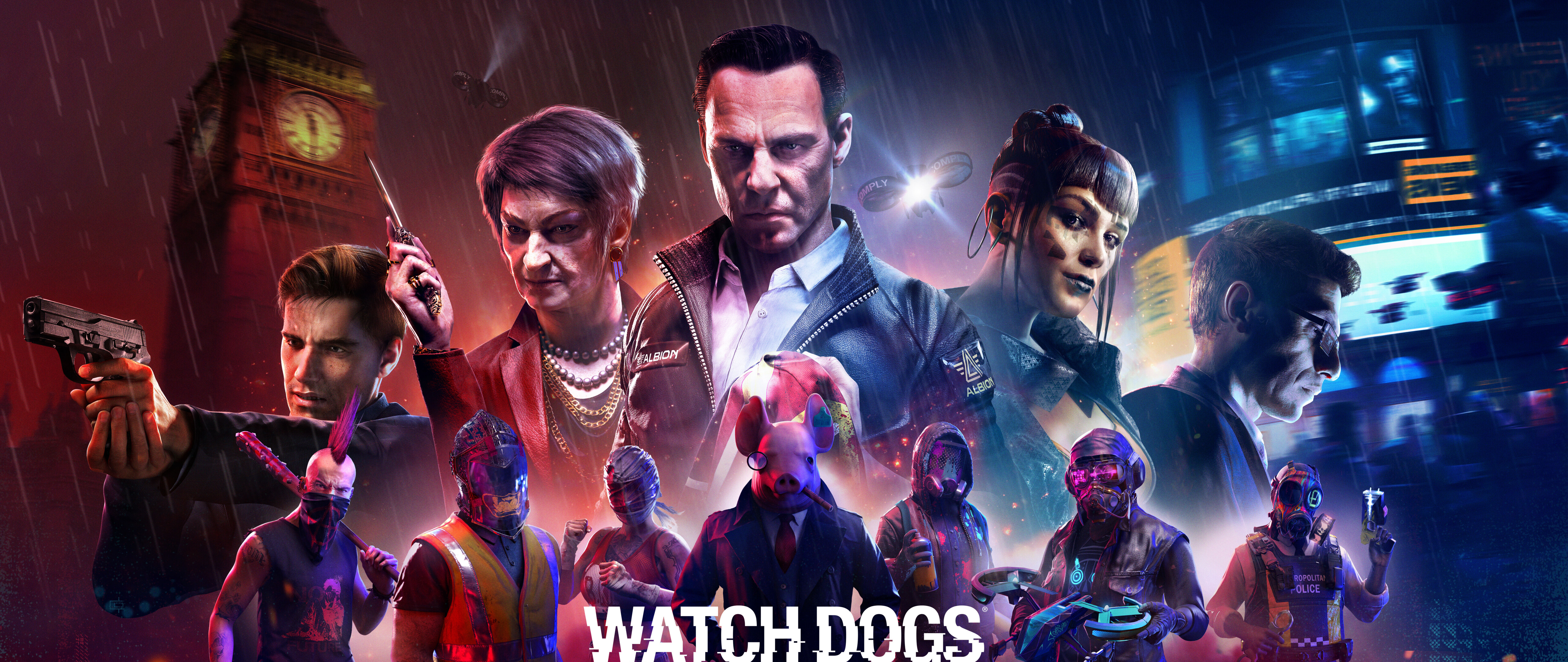 Postać z gry Watch Dogs: Legion, ubrana w futurystyczny strój, stoi w ciemnej, mokrej od deszczu uliczce w Londynie.