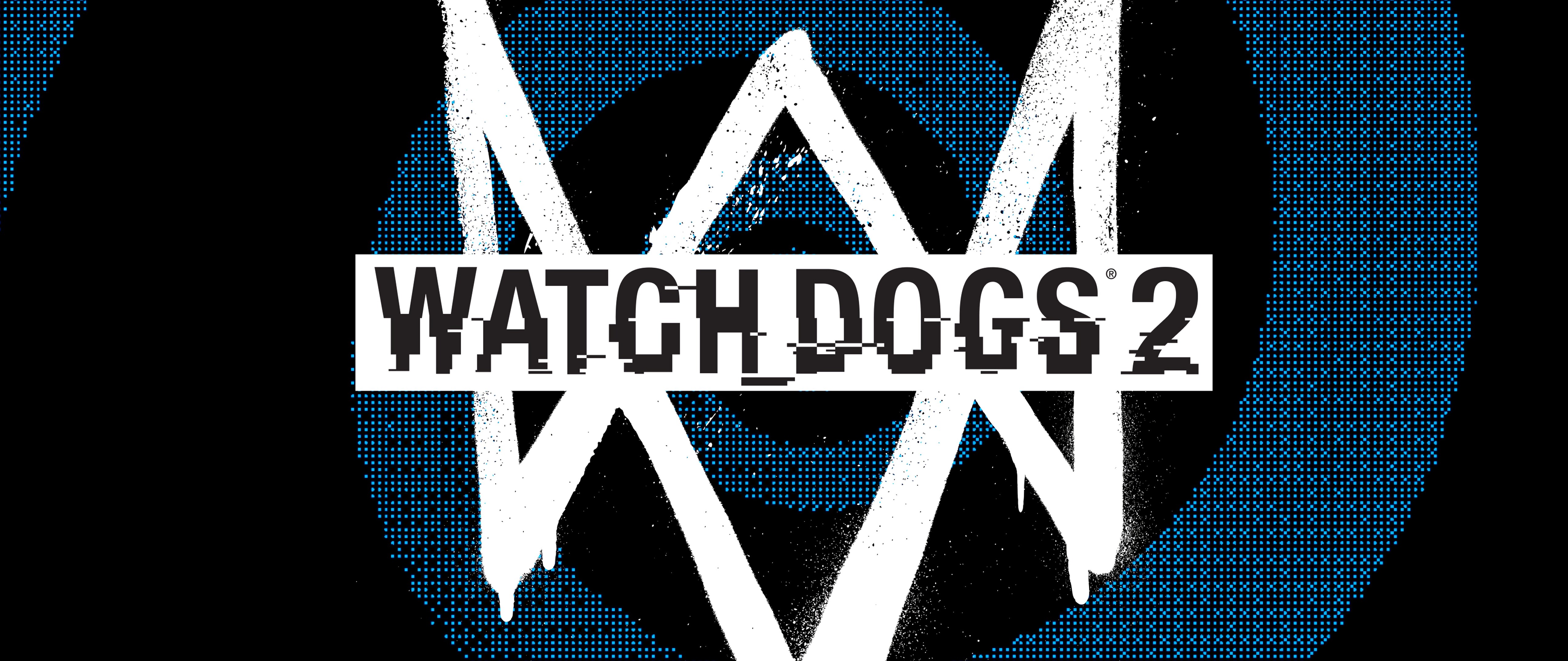 Logo gry Watch Dogs 2 oraz postać Marcusa Hollowaya w futurystycznej, związanej z hakerstwem stylistyce.