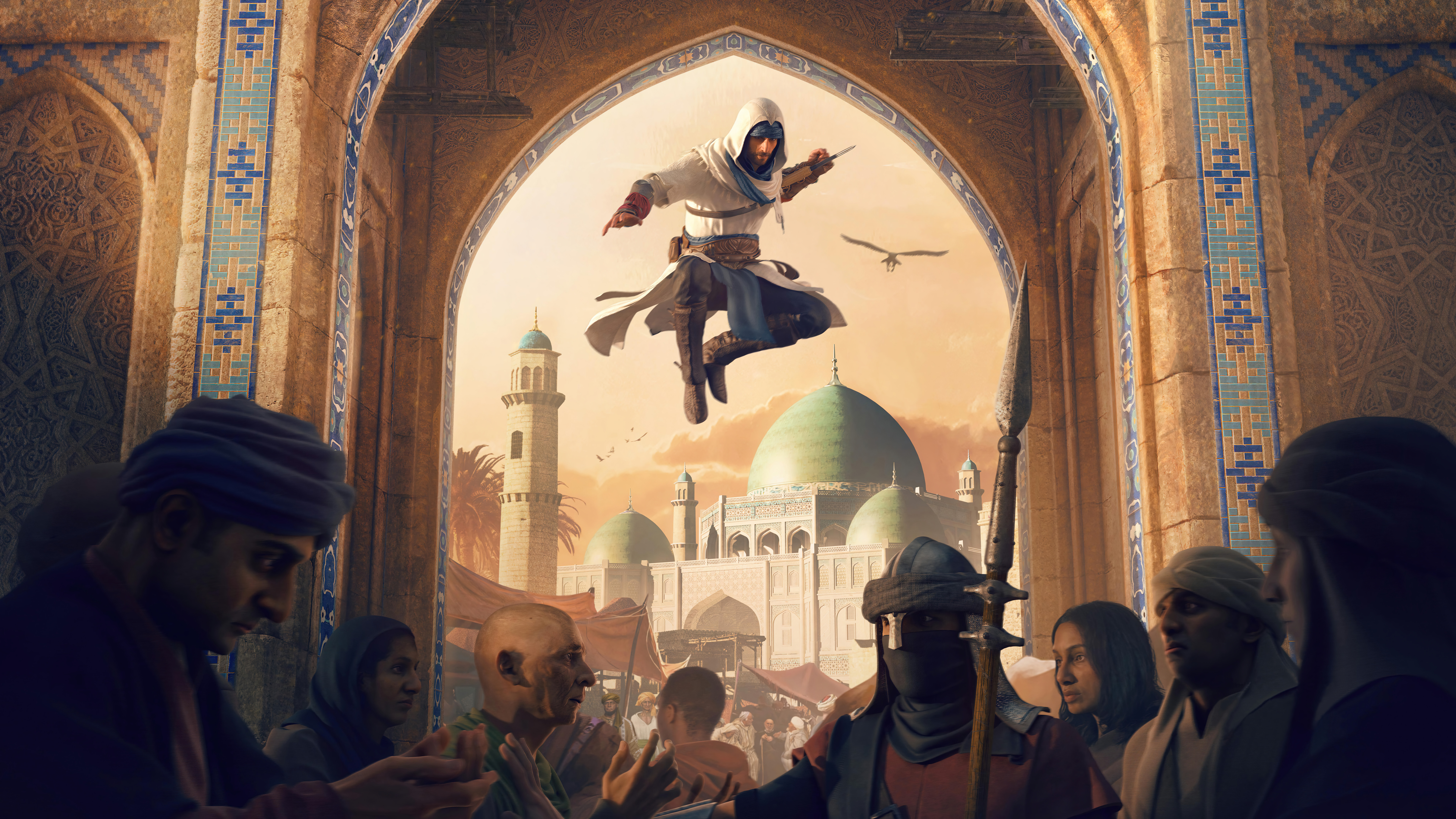 Basim Ibn Ishaq z gry Assassin's Creed Mirage, ubrany w charakterystyczny, zakapturzony strój zabójcy.