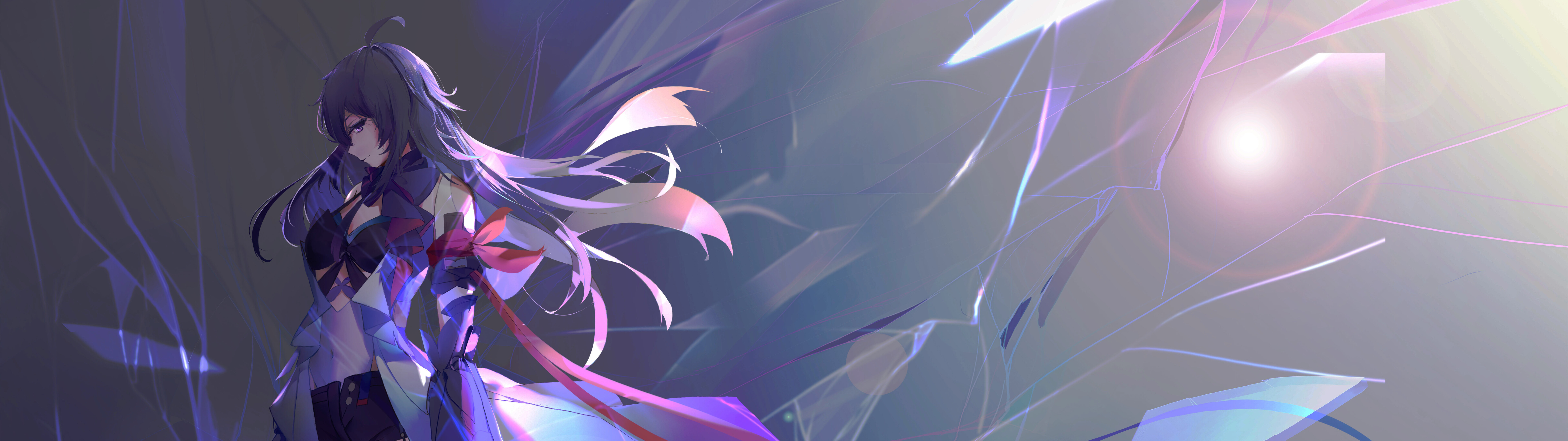 Filmowy portret Seele Vollerei z gry Honkai: Star Rail, na którym eksponowane są jej charakterystyczne fioletowe włosy oraz mroczne, nastrojowe oświetlenie.