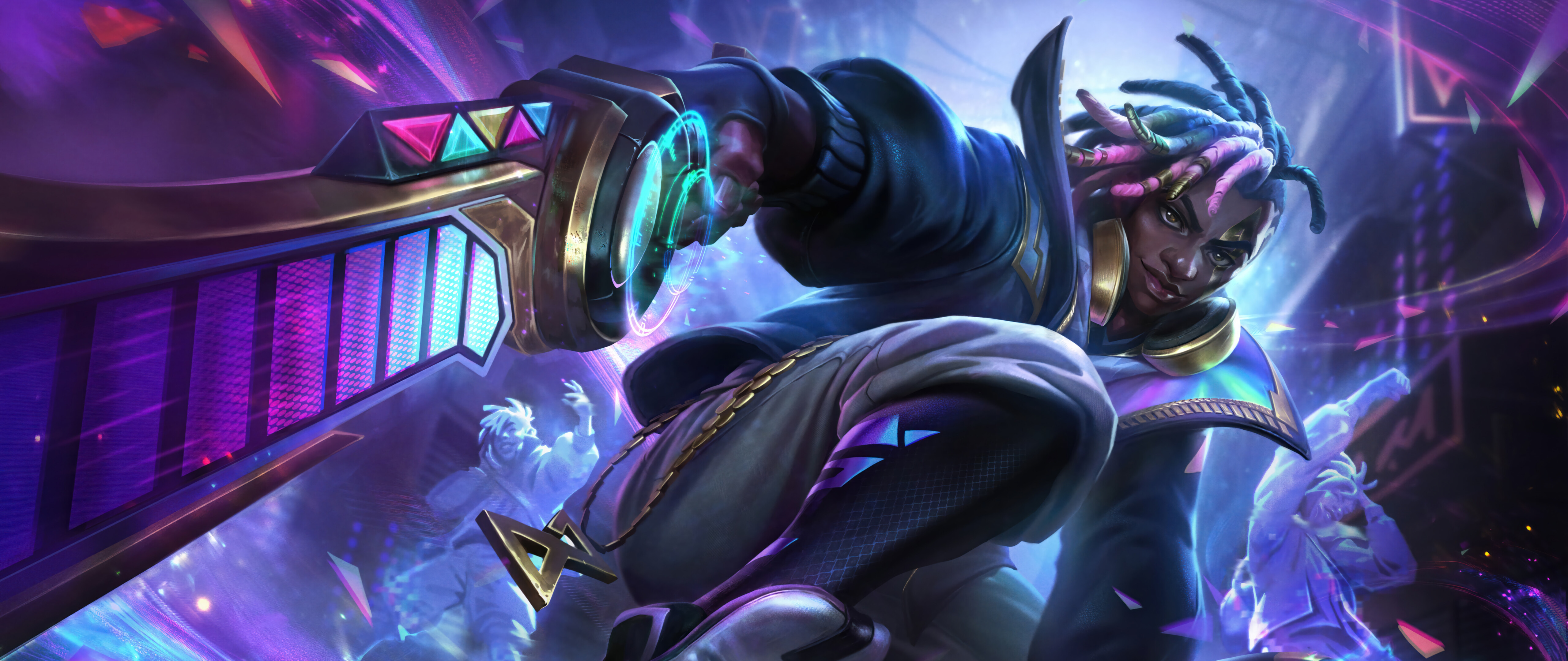 Szczegółowa ilustracja cyfrowa przedstawiająca postać Ekko z gry League of Legends, z elementami neonowych świateł i futurystycznych ubrań w miejskim stylu.