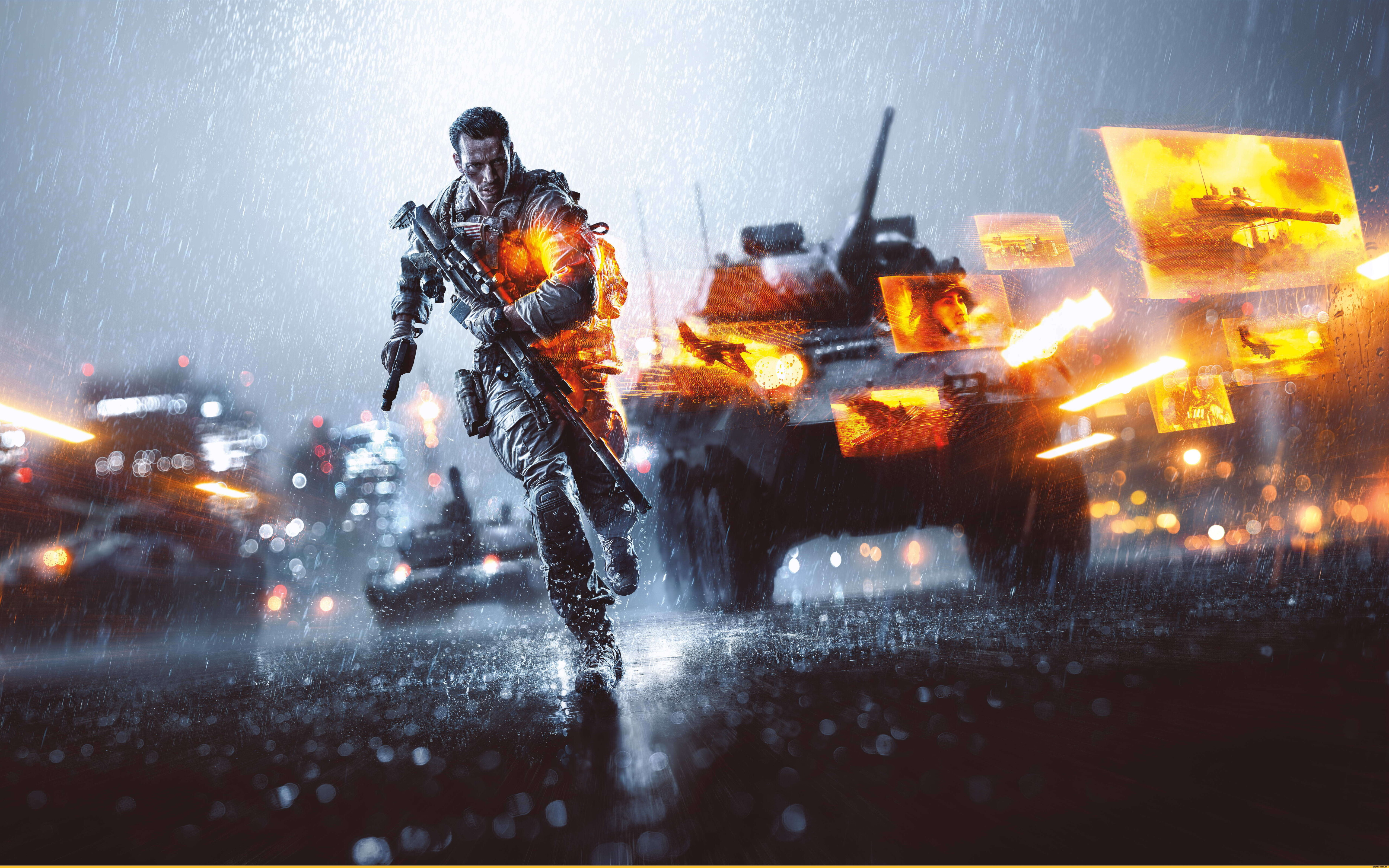 Ciężki czołg wojskowy porusza się po spowitym dymem i usianym szczątkami polu bitwy podczas intensywnych działań bojowych.