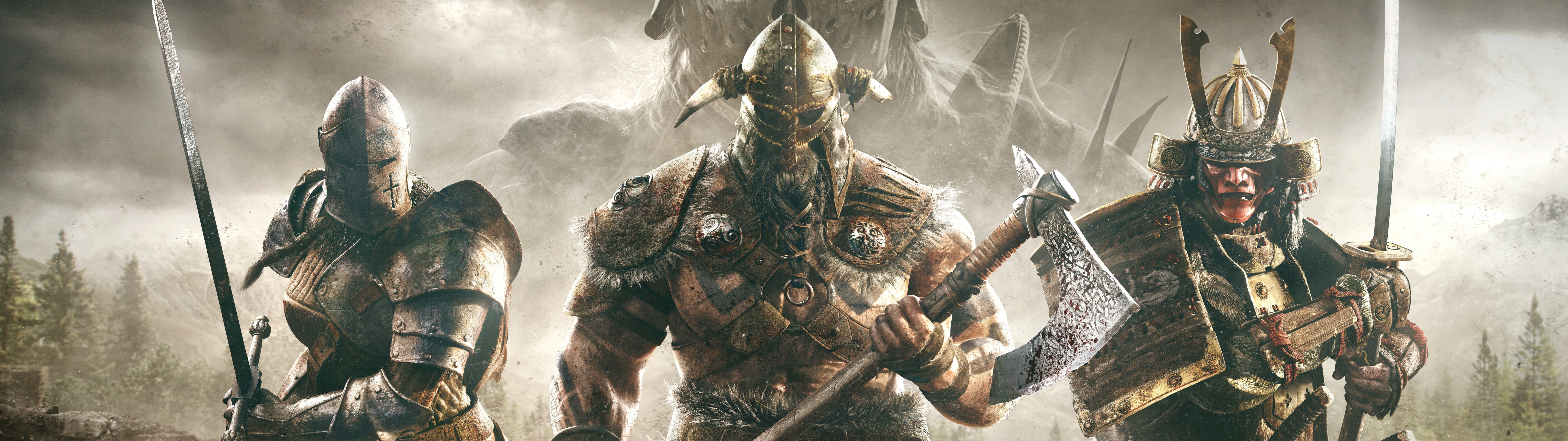 Dobrze opancerzony rycerz z gry wideo „For Honor” przygotowuje się do walki w średniowiecznym stylu na polu bitwy.