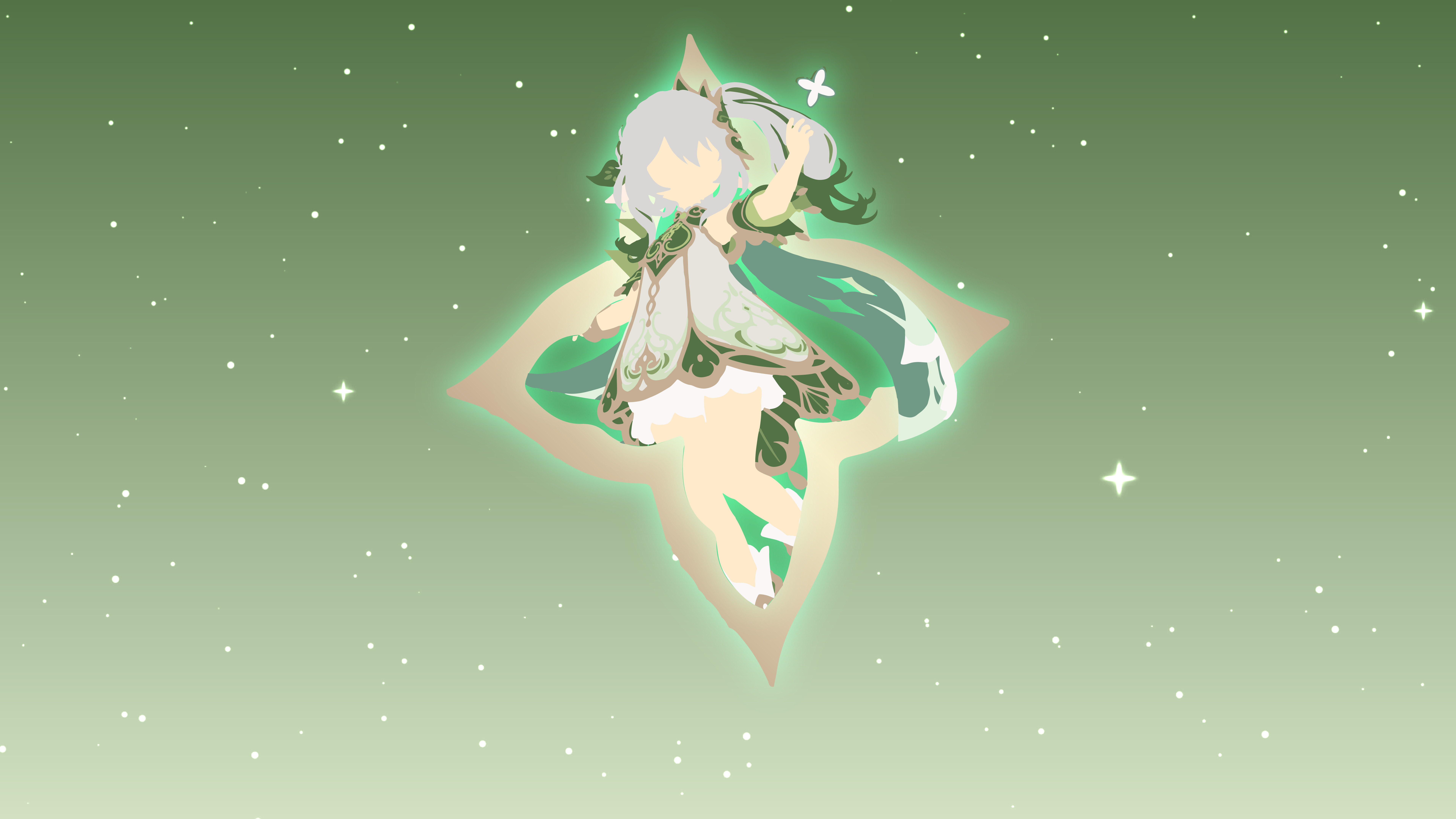 Oszałamiający portret Nahidy z gry Genshin Impact, na którym widoczna jest w charakterystycznym dla niej zielono-białym stroju, a motywem przewodnim jest żywioł Dendro.