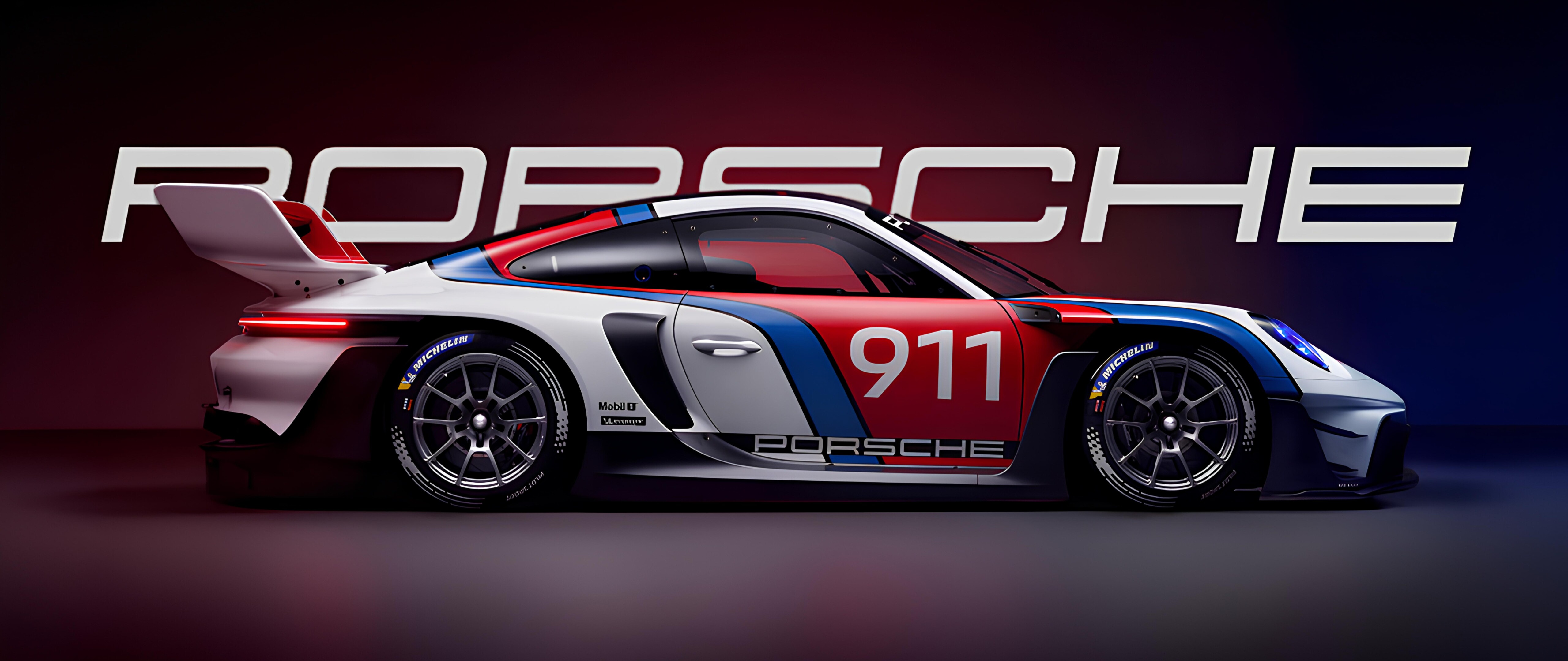 Eleganckie, estetyczne zdjęcie sportowego samochodu Porsche 911 GT3, charakteryzujące się smukłymi liniami i efektownym oświetleniem, jak w filmie.