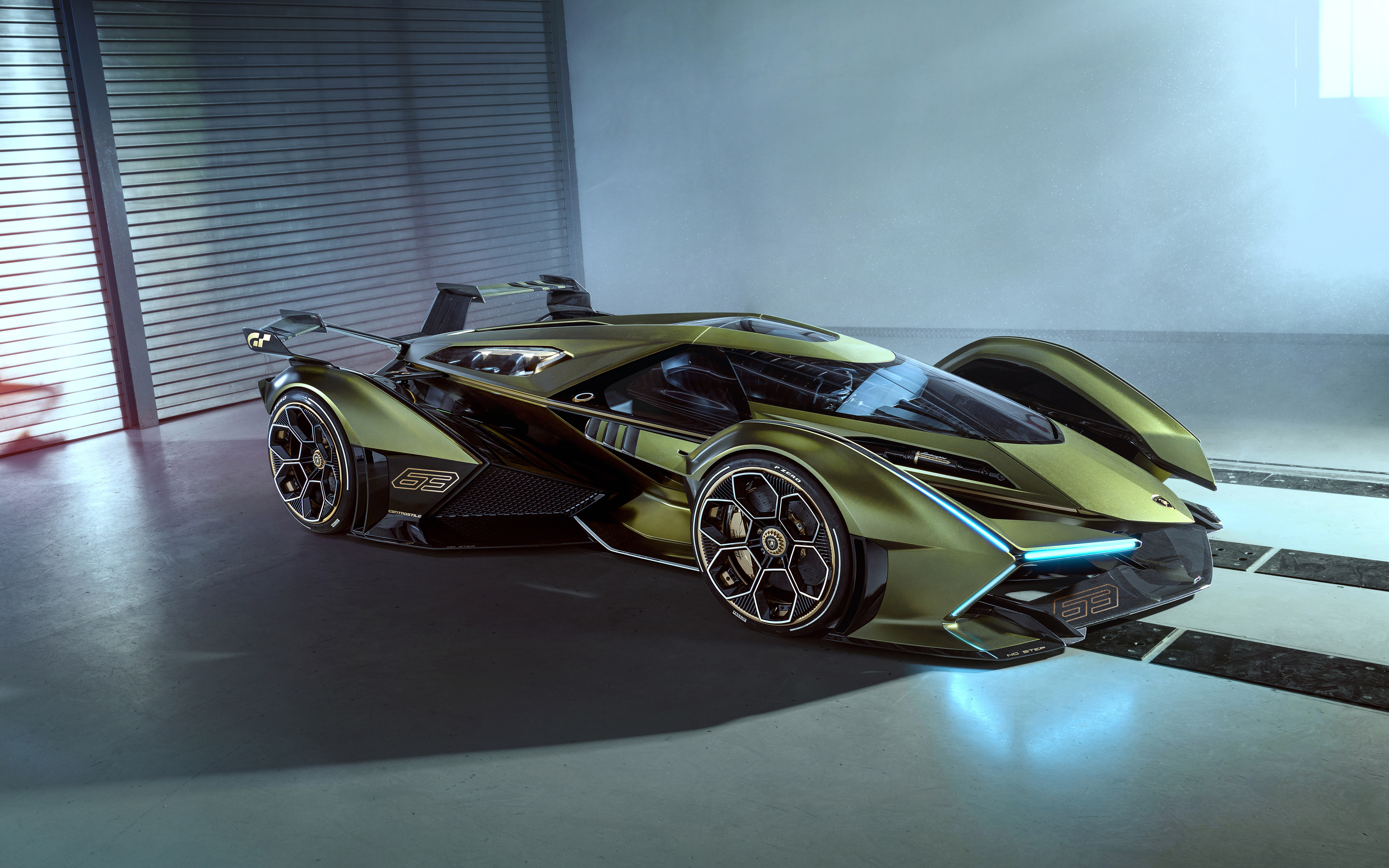 Futurystyczny supersamochód Lamborghini Lambo V12 Vision Gran Turismo, prezentujący swoją aerodynamiczną sylwetkę i agresywny design.