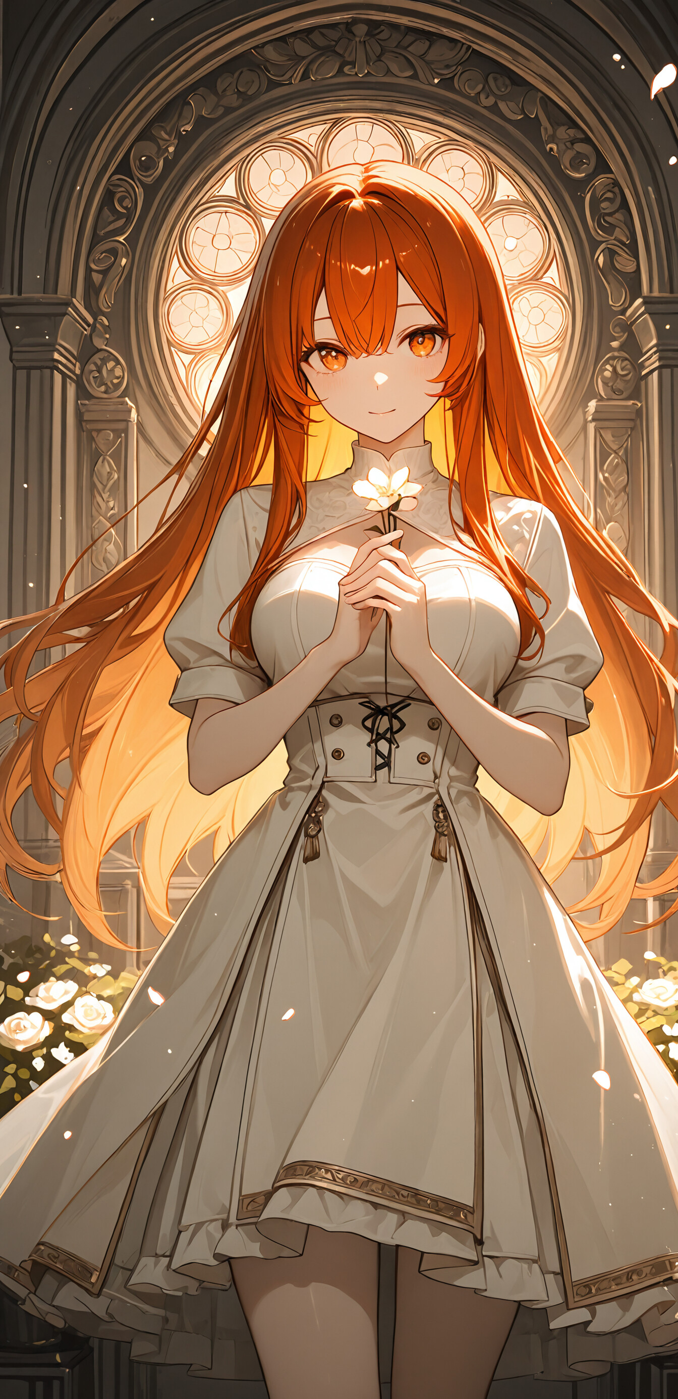 Ilustracja w stylu anime przedstawiająca Ritsukę Fujimaru (Gudako) z serii Fate/Grand Order – młodą kobietę o długich, lśniących, pomarańczowych włosach i bursztynowych oczach, ubraną w elegancką, czarną sukienkę, stojącą w mrocznym ogrodzie pełnym złotych róż.
