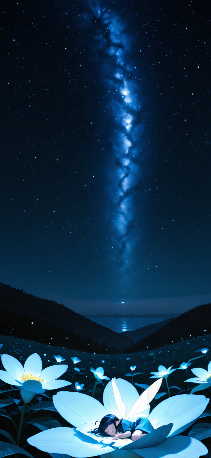 Mała dziewczynka o ciemnych włosach śpi spokojnie w centrum ogromnego, świecącego na niebiesko kwiatu, pod rozgwieżdczonym, wyraźnym nocnym niebem, a pas Drogi Mlecznej zdaje się schodzić w jej stronę.