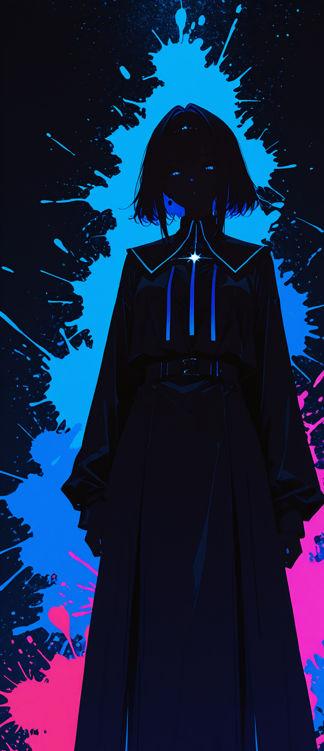 Cyfrowy portret kobiety o długich, czarnych włosach i świecących na czerwono oczach, na tle neonowych plam różowej i niebieskiej farby.