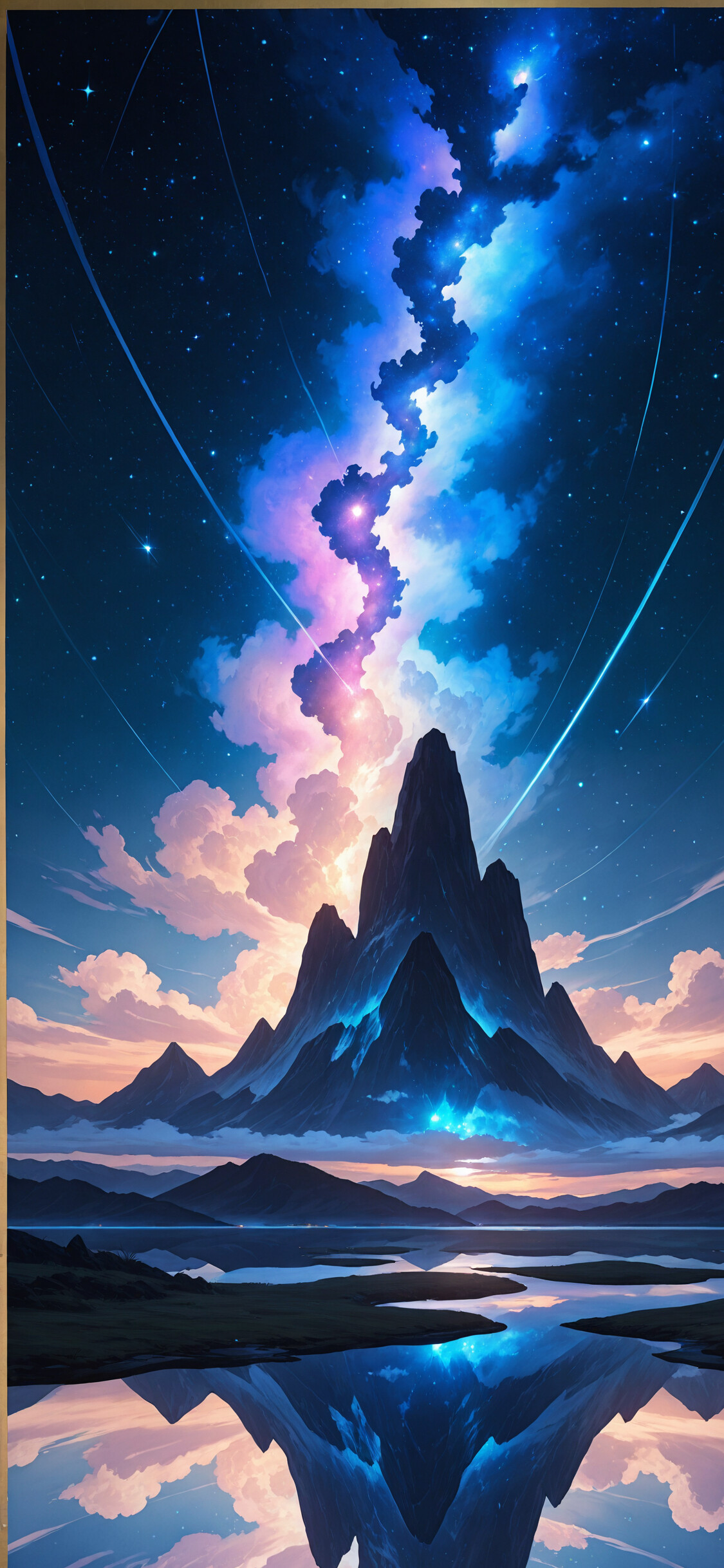 Samotna postać w płaszczu stoi przed ogromną, poszarpaną górą, a nad nią rozciąga się kolorowe, pełne gwiazd nocne niebo, na którym widoczna jest mgławica. Wszystko to odbija się w spokojnej wodzie poniżej.