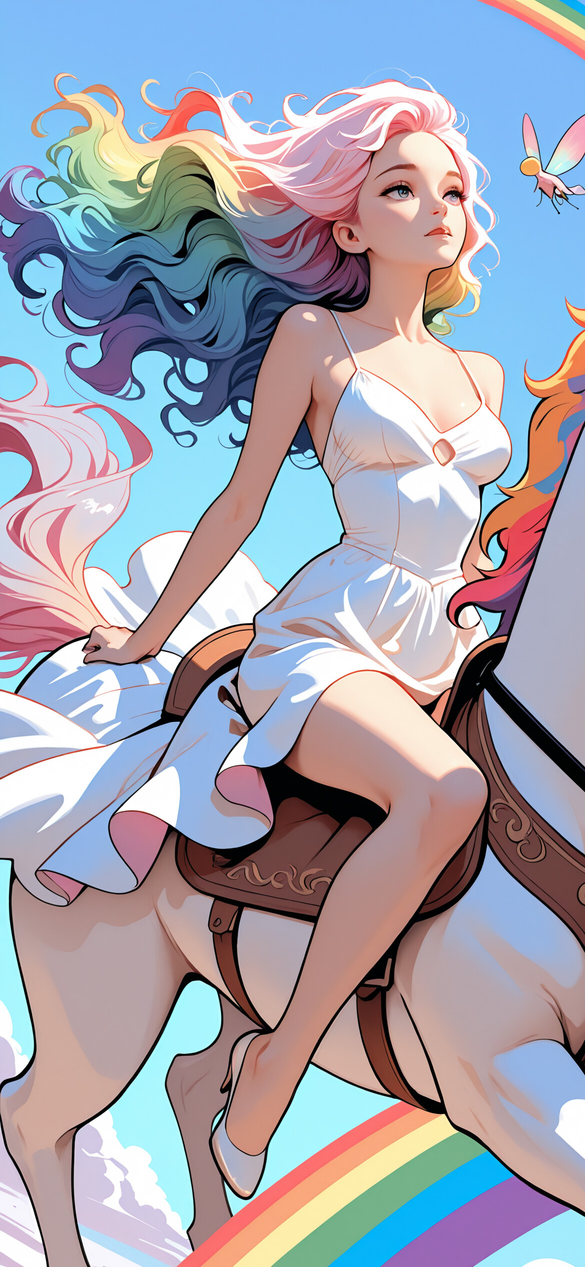 Młoda kobieta o tęczowych włosach i dużych, kolorowych skrzydłach dosiada białego pegaza o tęczowej grzywie i przemyka przez zachmurzone, błękitne niebo. Poniżej widać tęczę.