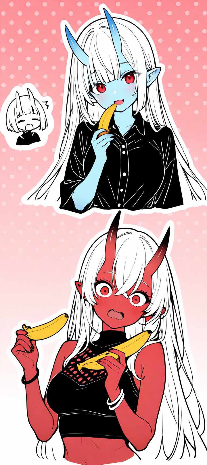 Niebieskoskóra dziewczyna z anime, o długich, białych włosach, czerwonych oczach i czerwonych końcach rogów, wyrażająca zaskoczenie i mocno się rumieniąca. Ma na sobie czarny, krótki top z wysokim kołnierzem, a w tle widać różowe kropki.