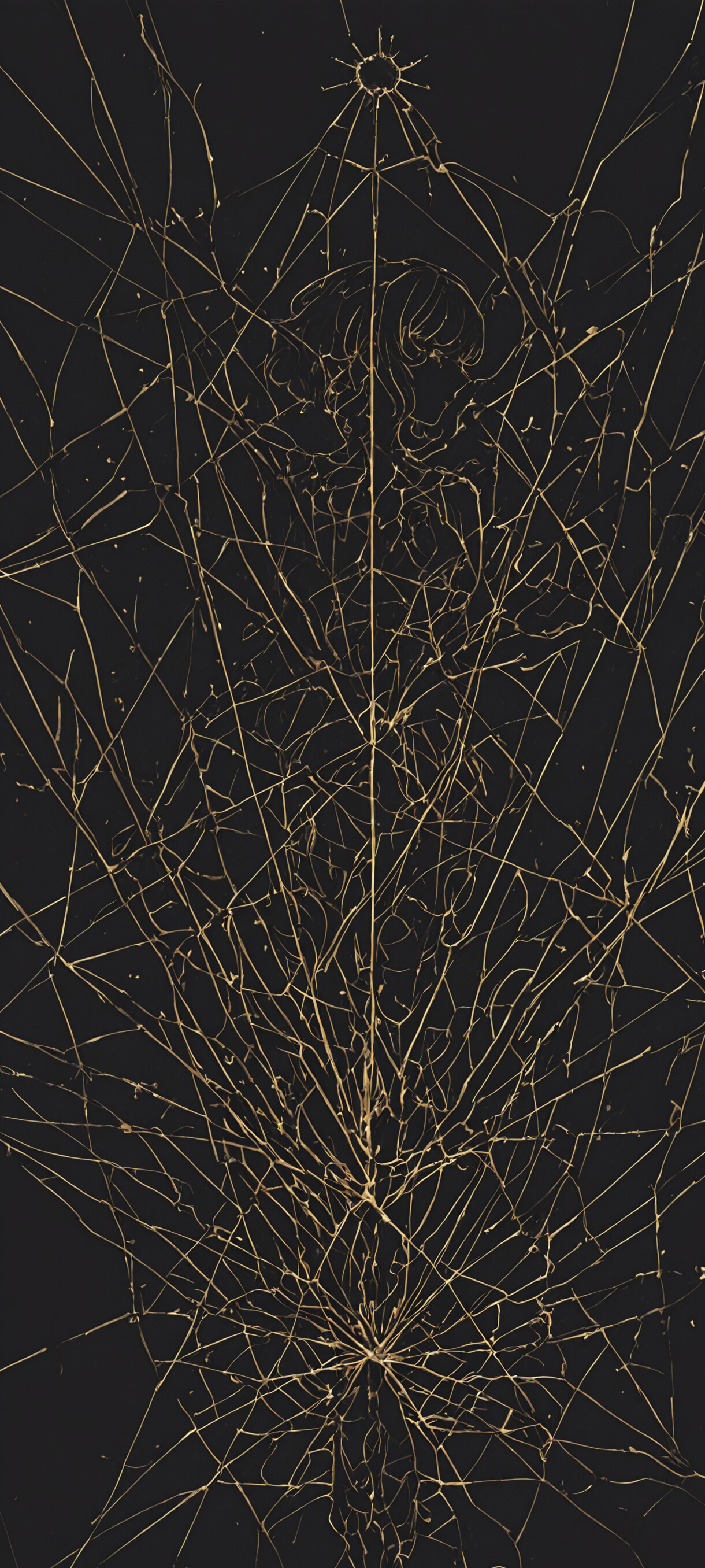 Nowoczesne dzieło sztuki abstrakcyjnej przedstawiające Rei Ayanami z anime Neon Genesis Evangelion w profilu. Obraz to rysunek wykonany cienką linią, przedstawiający postać w kolorze miedzianym, na ciemnym, siatkowatym tle. Bok jej głowy stopniowo rozpływa się w chaotyczną, ale piękną spiralę.