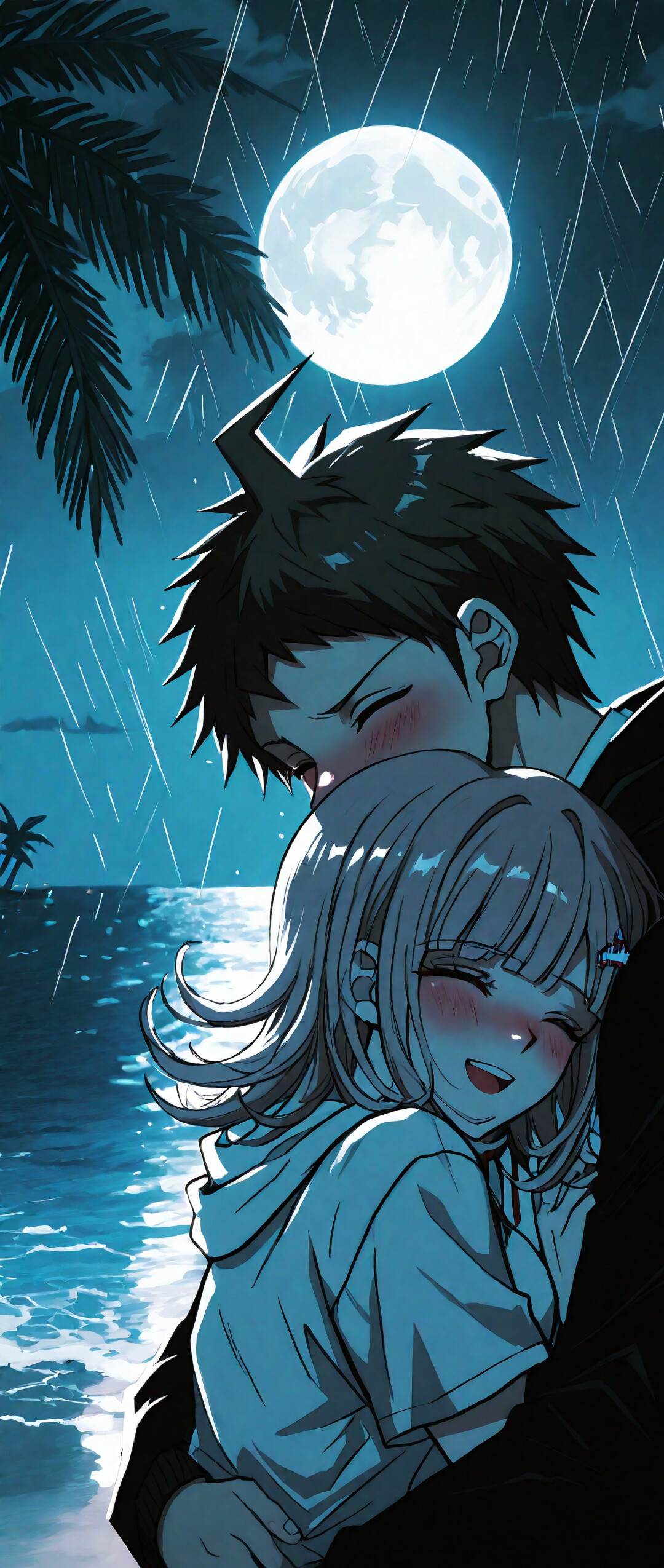 Ilustracja przedstawiająca postacie z anime Danganronpa – Hadżime Hinatę i Chiaki Nanami – w czułym uścisku na deszczowej plaży nocą, w tle widoczny jest pełny księżyc i palmy.