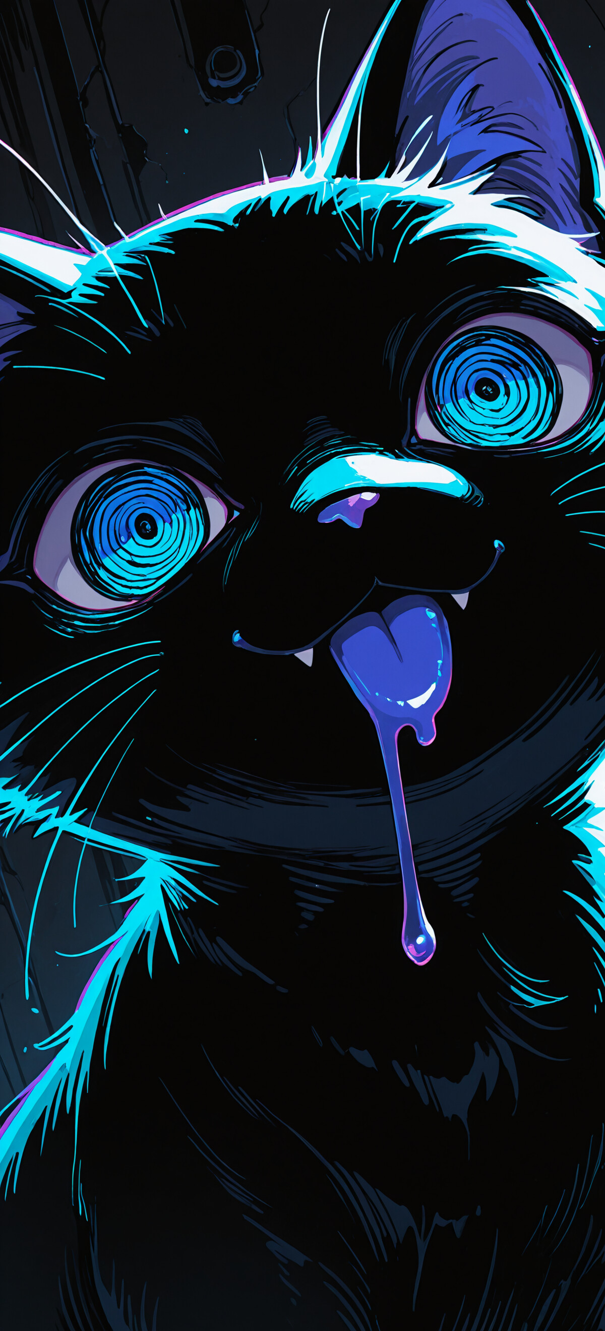 Stylizowany, zbliżony portret białego kota. Kot ma ogromne, ciemne oczy z fioletowymi refleksami, na głowie ma czarne, szpiczaste włosy, a szeroko otwarte usta, z których wystaje język i cieknie ślina. Na szyi ma czarną, kolczastą obrożę ze złotym dzwoneczkiem.