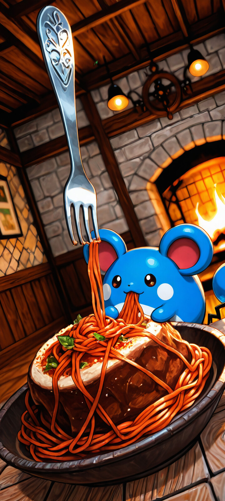 Pokémon Marill, okrągłe, niebieskie stworzenie z dużymi uszami, siedzi przy drewnianym stole w przytulnym pomieszczeniu i z apetytem je dużą porcję spaghetti, trzymając widelec w pysku. W tle widać ciepły kominek i półkę z butelkami.