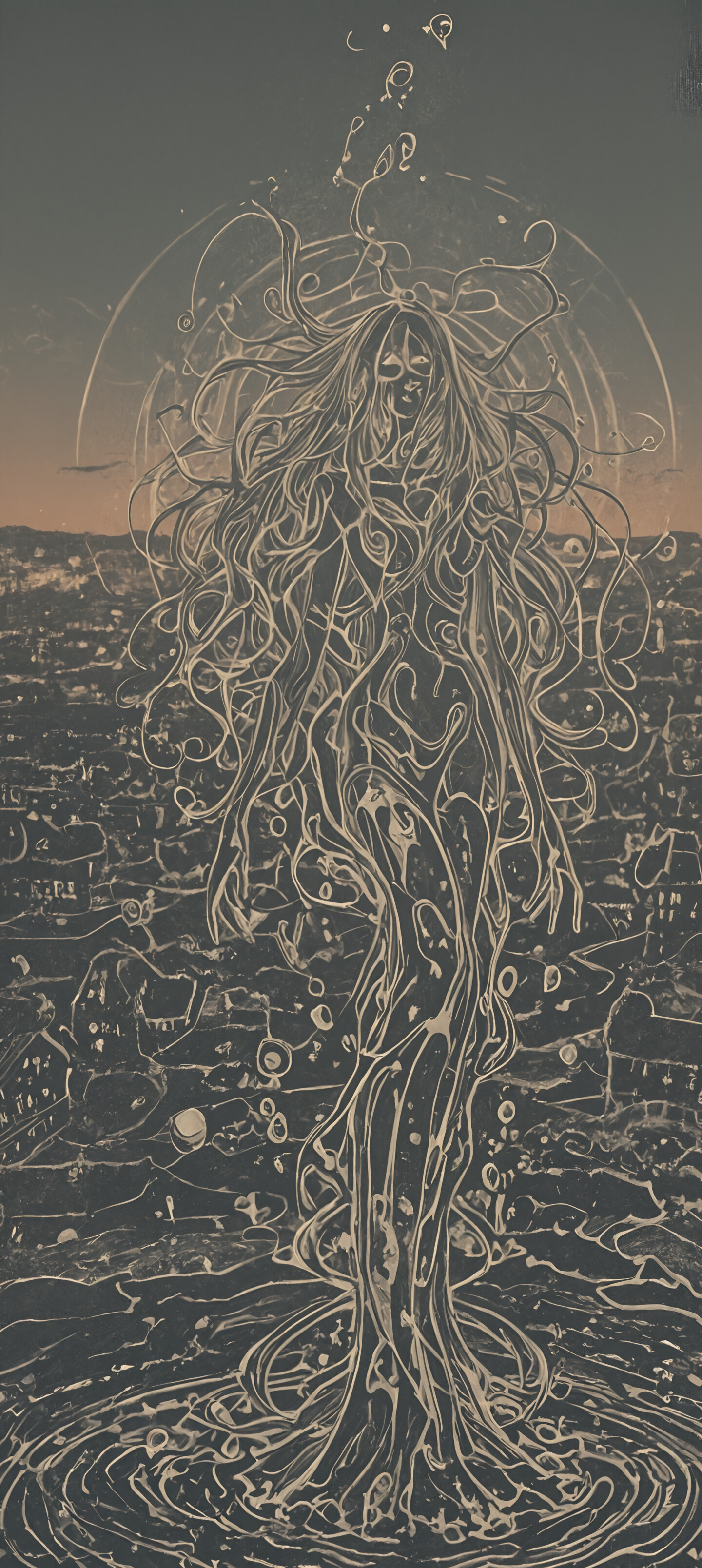 Abstrakcyjny obraz, którego ciemne tło pokryte jest gęstą, skomplikowaną siecią wirujących złotych linii i kropek. W górnej części obrazu, na środku, znajduje się pojedyncza, jasna, świecąca kula światła, która stanowi główny punkt centralny.