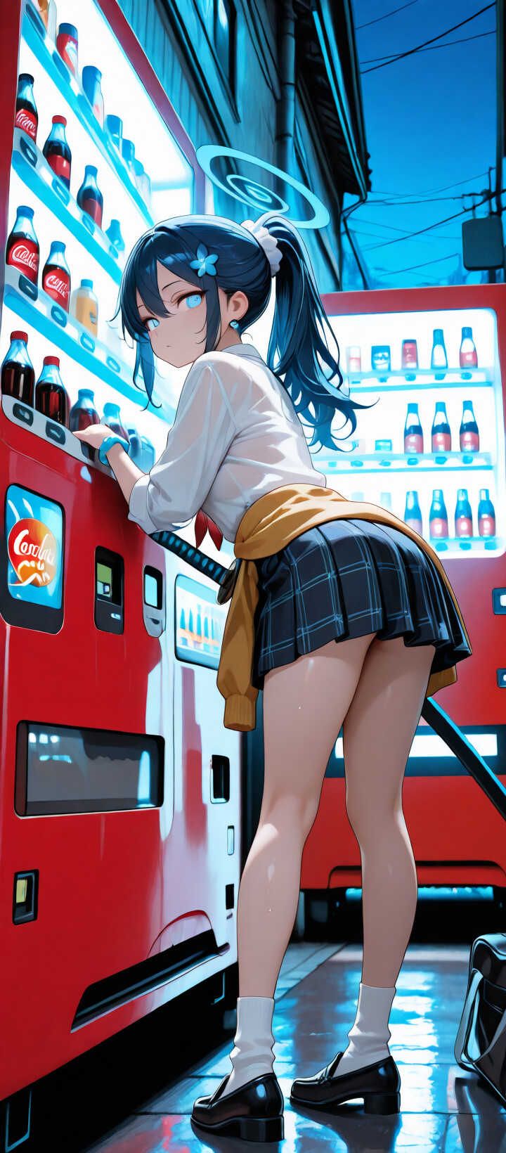 Animowana dziewczyna o jasnoniebieskich włosach, aureoli i świecących niebieskich oczach, przedstawiona jako Arona z gry Blue Archive, stoi w ciemnej miejskiej alejce, trzymając w ręku świecący niebieski miecz (katanę) obok czerwonego automatu.