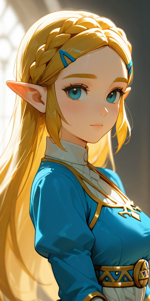 Ilustracja w stylu anime przedstawiająca księżniczkę Zeldę z serii gier „The Legend of Zelda”. Ma długie, blond włosy splecione w warkocz, niebieskie oczy i spiczaste uszy. Spogląda przez ramię, ubrana w niebiesko-złoty strój.