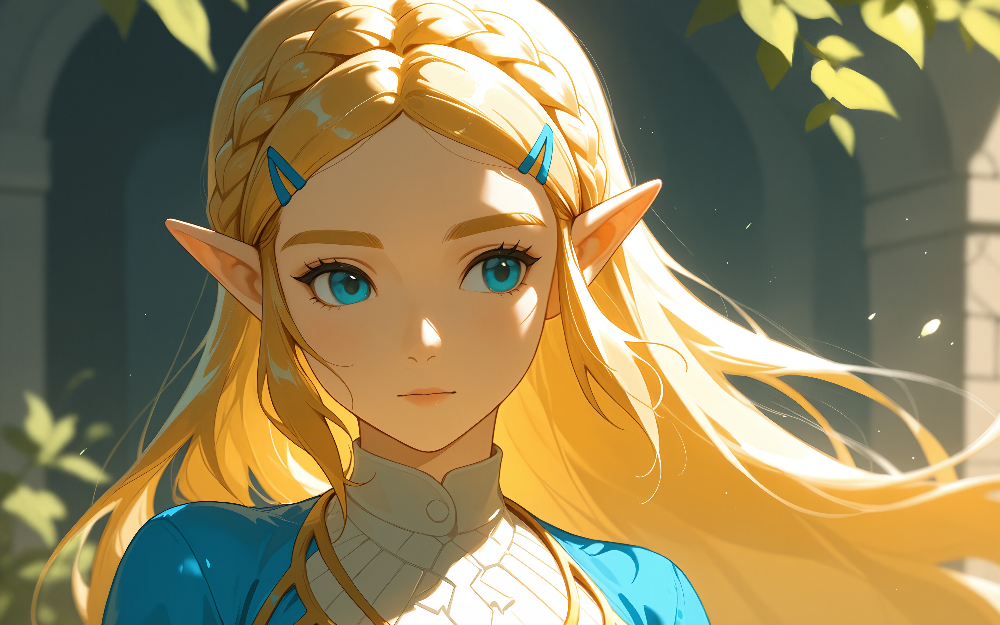 Ilustracja w stylu anime przedstawiająca księżniczkę Zeldę z serii gier „The Legend of Zelda”. Ma długie, blond włosy splecione w warkocz, niebieskie oczy i spiczaste uszy. Spogląda przez ramię, ubrana w niebiesko-złoty strój.