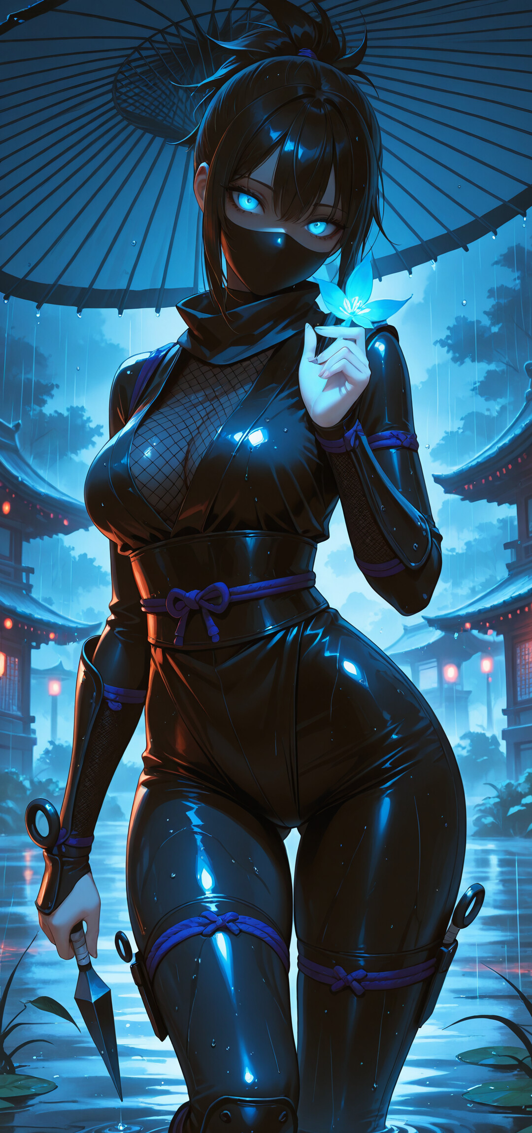 W nocy, w deszczu, stoi kobieca postać – ninja z anime – ma lśniące czerwone oczy i ubrana jest w czarny, okrywający ją płaszcz z kapturem. W jednej ręce trzyma czerwony parasol, w drugiej – kunai. W tle widać japońskie budynki oświetlone lampionami.