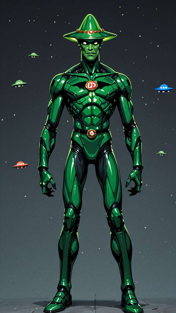 Duży, zielony, przypominający latający spodek obiekt z kreskówki, wyposażony w świecące żółte światła i antenę, umieszczony na tle ciemnoniebieskiego nieba usianego białymi gwiazdami.