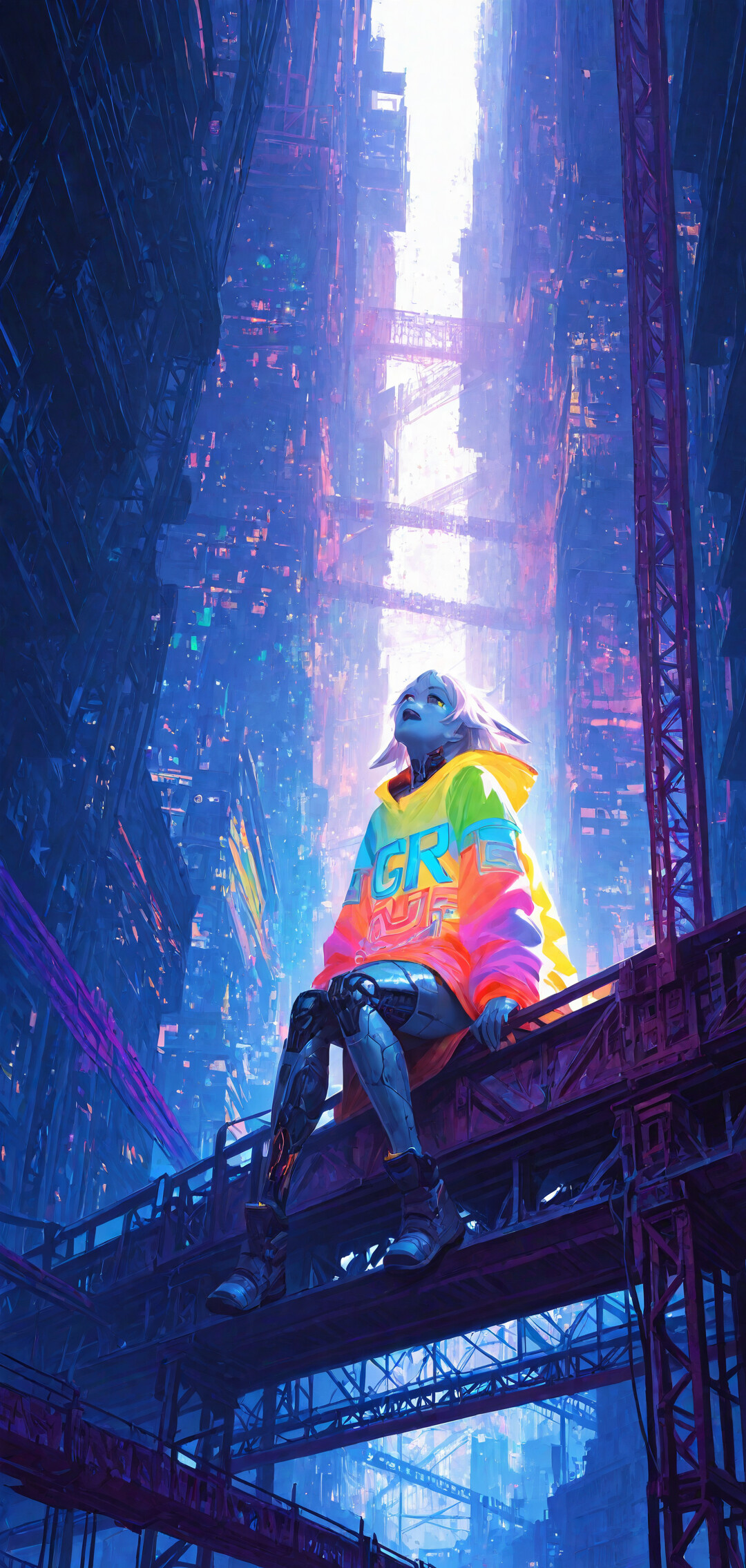 Młoda kobieta o białych włosach, ubrana w kolorową, obszerną bluzę, siedzi na dachu i spogląda w górę na rozległe, futurystyczne miasto w stylu cyberpunk, które nocą rozświetlają niebieskie i fioletowe neonowe światła.
