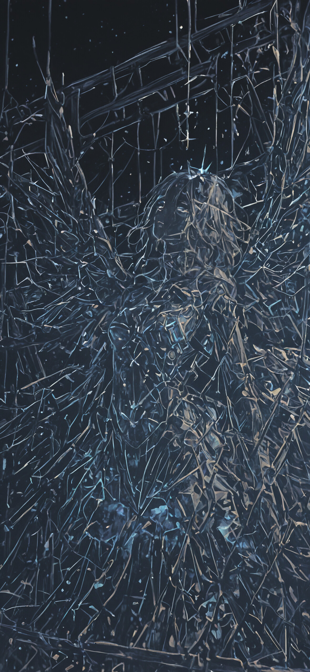 Na tle ciemnego, pełnego gwiazd nieba wznosi się niebiańska, anielska postać o rozłożystych skrzydłach. Postać i jej skrzydła składają się z niezliczonych, świecących, niebieskich i złotych fragmentów, przypominających rozbite gwiazdy lub kosmiczne szkło.