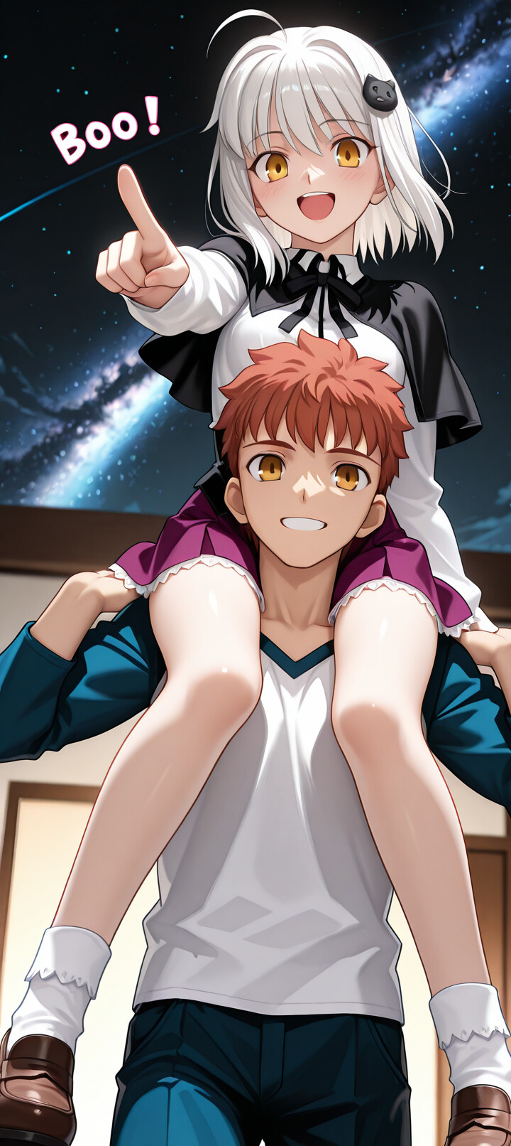 Shirou Emiya z serii „Fate” uśmiecha się, niosąc na ramionach Sitonai, dziewczynkę o białych włosach, w nocnym krajobrazie. Z entuzjazmem wskazuje przed siebie pod rozgwieżdżonym niebem, a za nimi widać Drogę Mleczną.