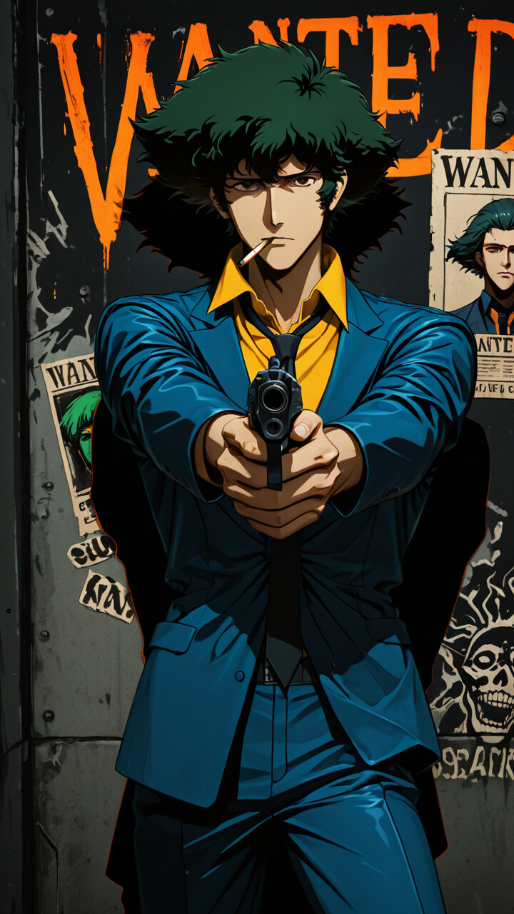 Ilustracja w stylu anime przedstawiająca Spike'a Spiegela z serialu „Cowboy Bebop”, który celuje pistoletem w stronę kamery. Ma potargane, ciemnozielone włosy, w ustach trzyma papierosa i jest ubrany w niebieski garnitur. Za nim znajduje się ściana z dużym, neonowym napisem „POSZUKIWANY”.