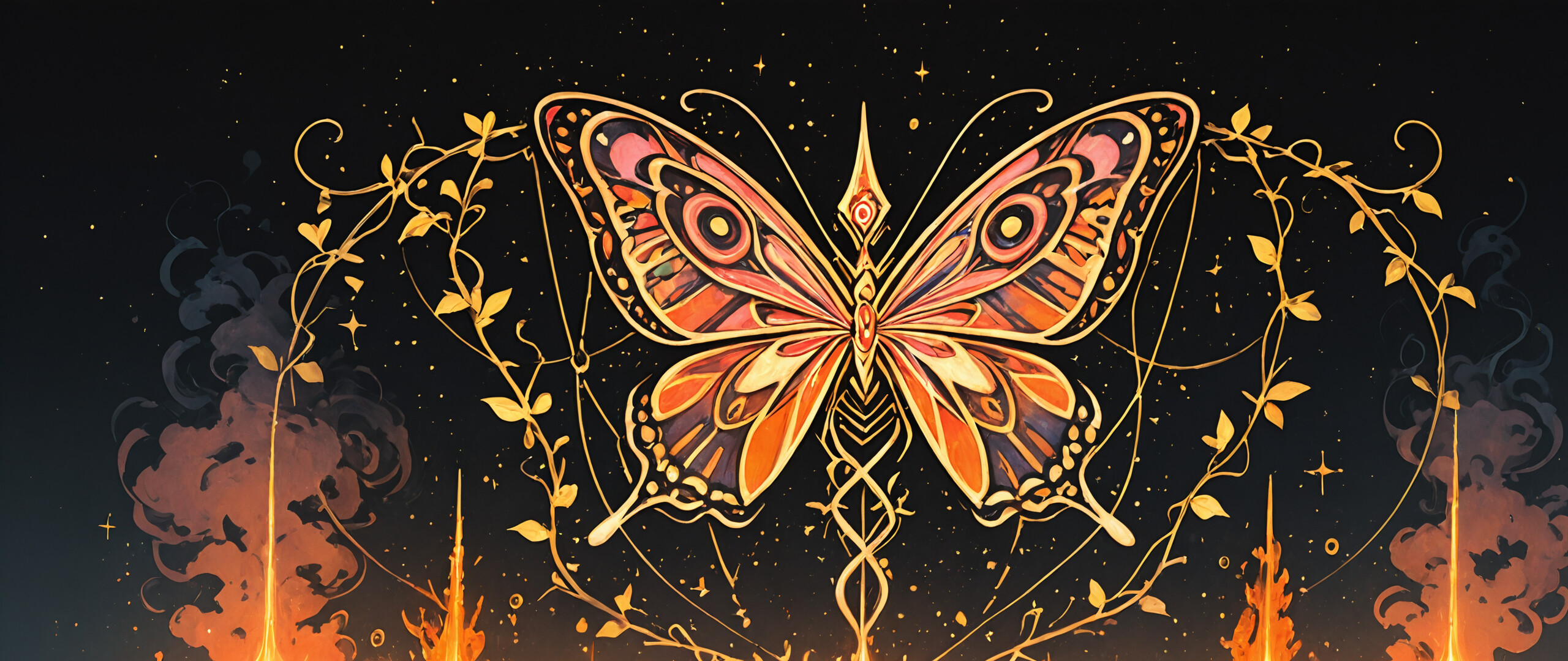 Bogato zdobiony, złoty, okrągły artefakt, pokryty wzorami przypominającymi obwody elektryczne, z turkusowymi kamieniami, umieszczony na ciemnym, gwiaździstym tle. W jego centrum znajduje się jaskrawo świecąca, przypominająca gwiazdę eksplozja pomarańczowego i białego światła, wyglądająca jak sztuczny wschód słońca.