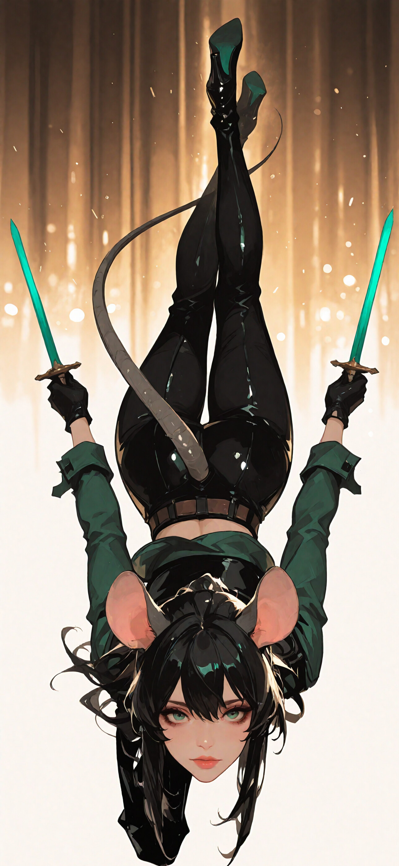 Animowana postać kobieca o czarnych włosach, zielonych oczach, dużych uszach i długim ogonie myszy, ubrana jak łotrzyca – w zieloną koszulę i czarne spodnie – leży na białej, kafelkowej podłodze i patrzy prosto w obiektyw kamery.