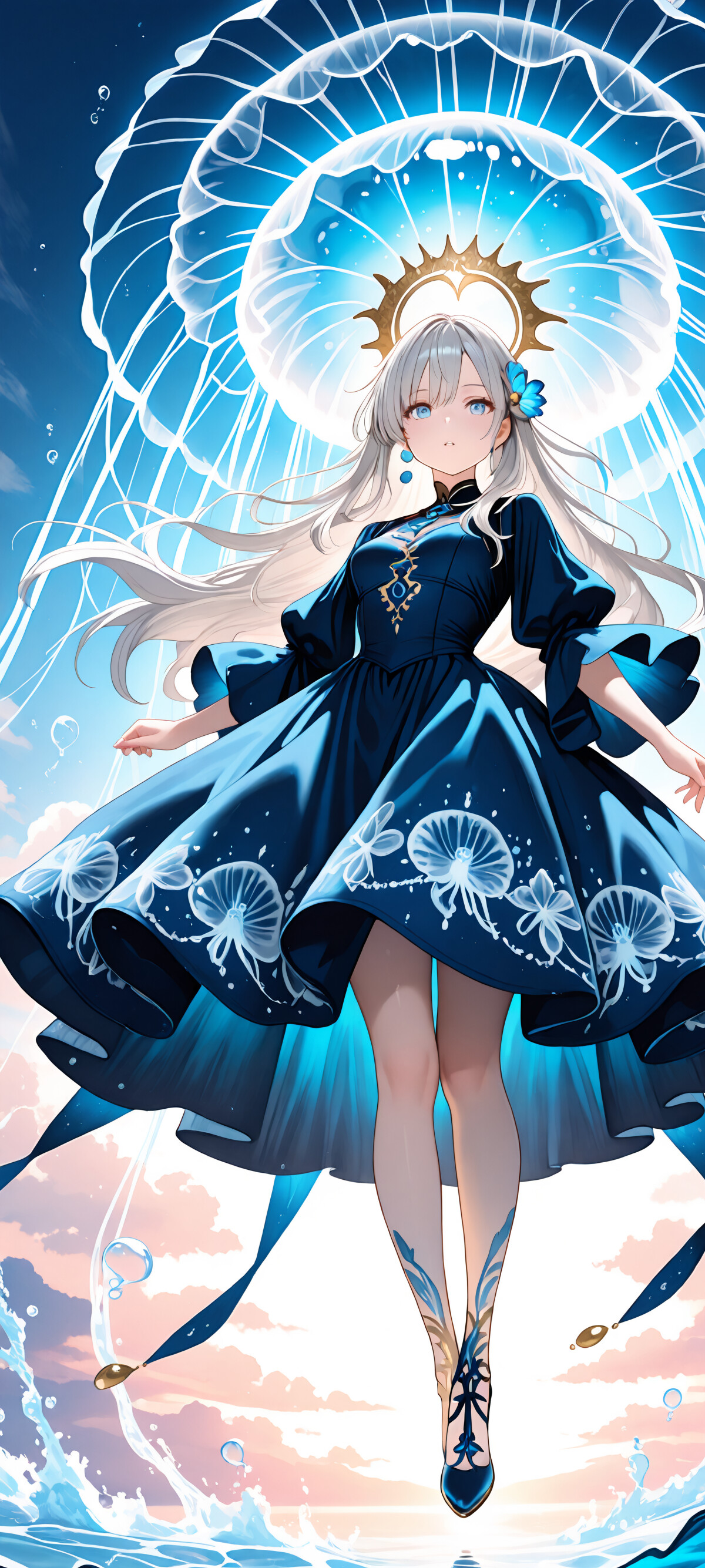 Dziewczyna w stylu anime, o długich, srebrnych włosach i ciemnoniebieskiej sukience, stoi na powierzchni wody. Na głowie ma dużą, świecącą, niebieską meduzę, która przypomina kapelusz, a w tle rozciąga się niebieskie niebo.