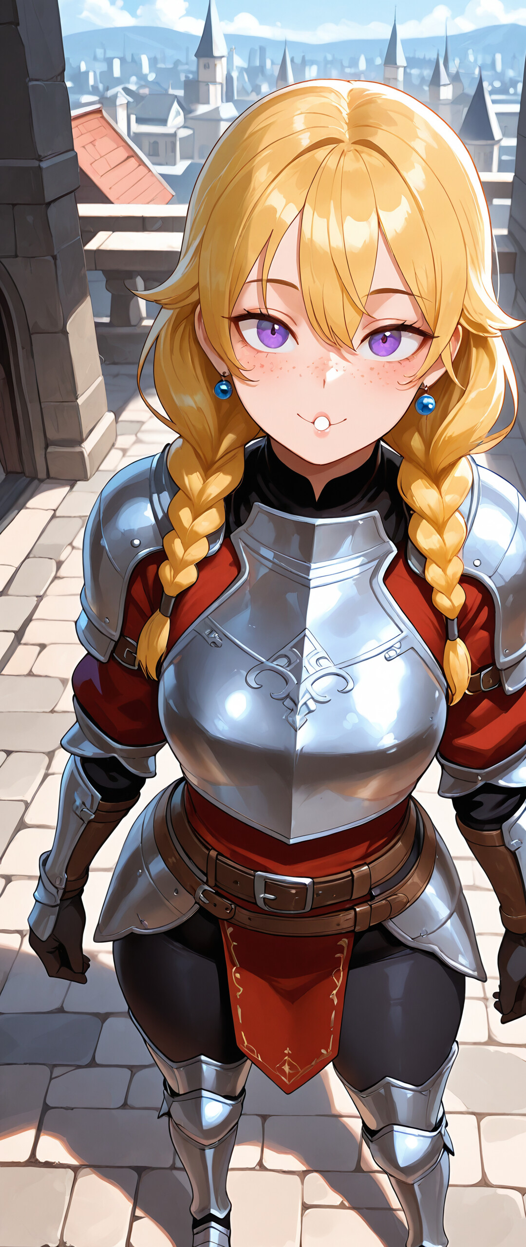 Młoda, piękna rycerka o blondych warkoczach i fioletowych oczach, ubrana w srebrną zbroję i fioletową tunikę, stoi na kamiennym moście w średniowiecznym mieście i uśmiecha się do widza.