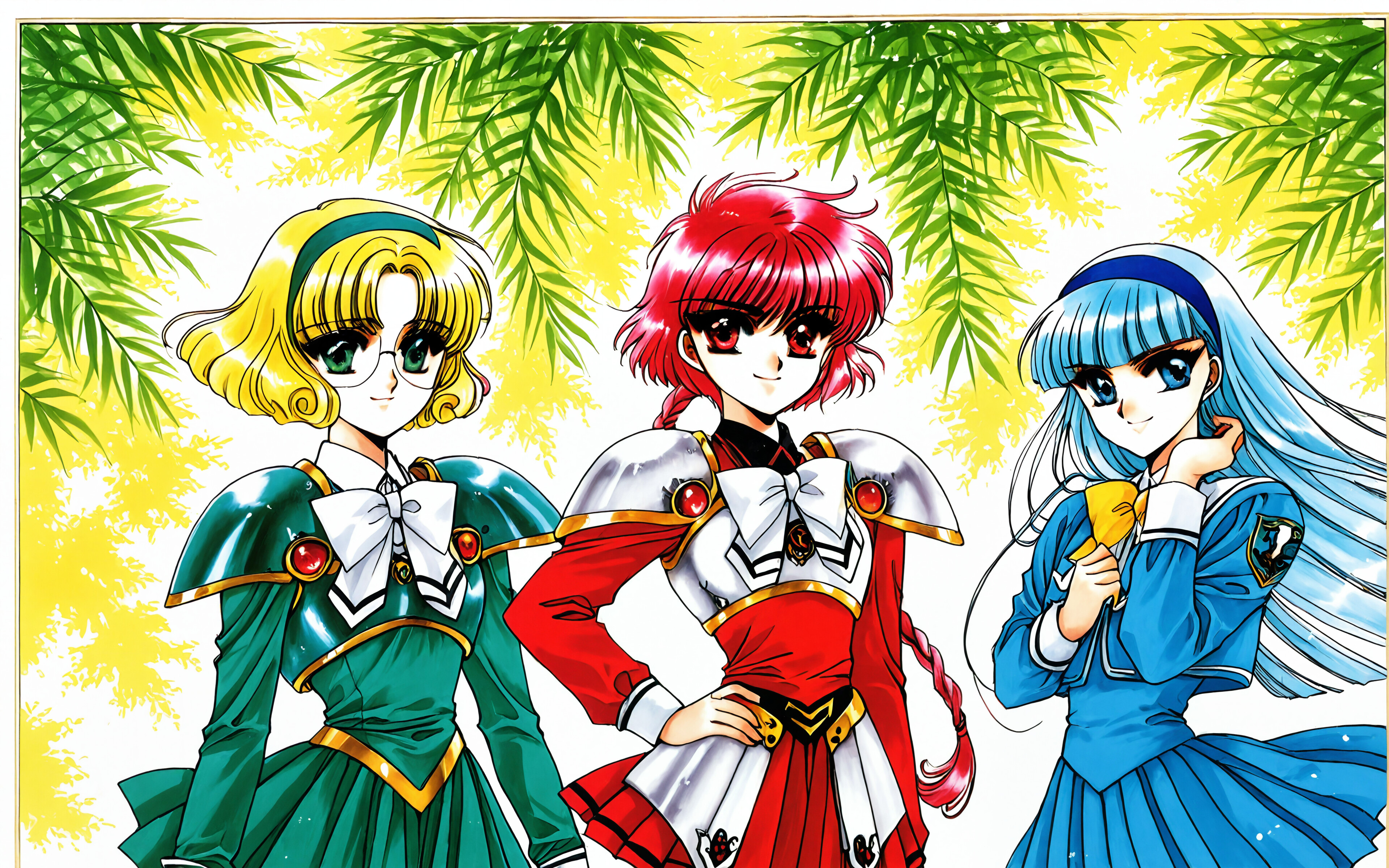 Ilustracja przedstawiająca Hikaru Shidou, Umi Ryuuzaki i Fuu Hououji w pełnym ubraniu, bohaterki serii „Magic Knight Rayearth”. Hikaru ma czerwone włosy, Umi niebieskie, a Fuu blond włosy i nosi okulary. Są ubrane w opancerzone mundury szkolne i stoją przed dużym, złotym, bogato zdobionym, okrągłym ramieniem.