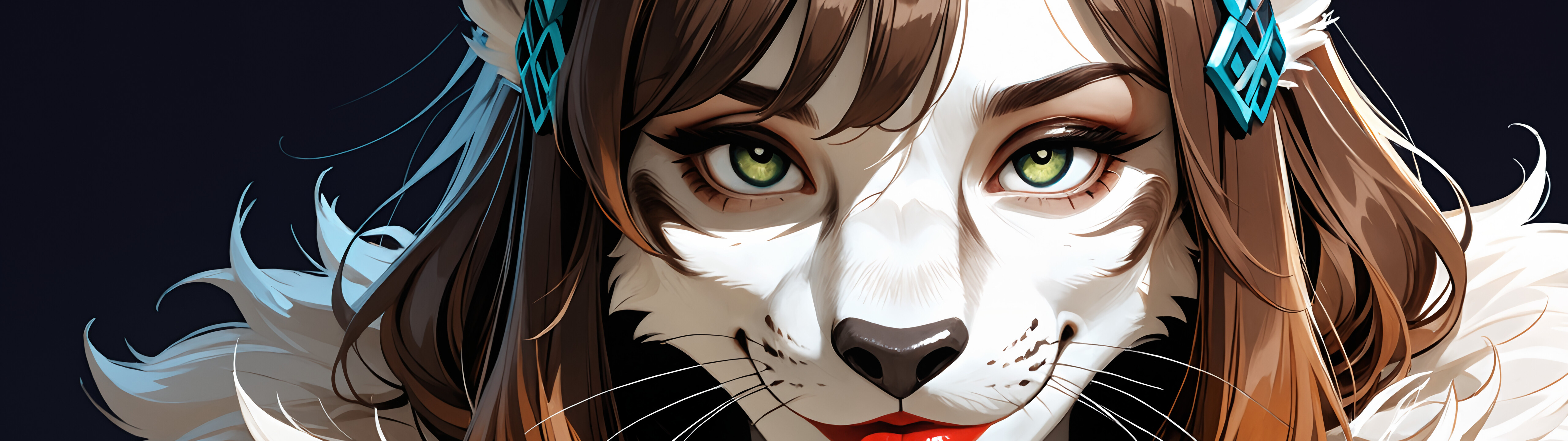 Szczegółowy portret antropomorficznej samicy lamparta o imieniu Zinx, z długimi brązowymi włosami, jasnymi zielonymi oczami, czerwonymi ustami i czarną rękawicą, która łagodnie się uśmiecha, patrząc na widza.