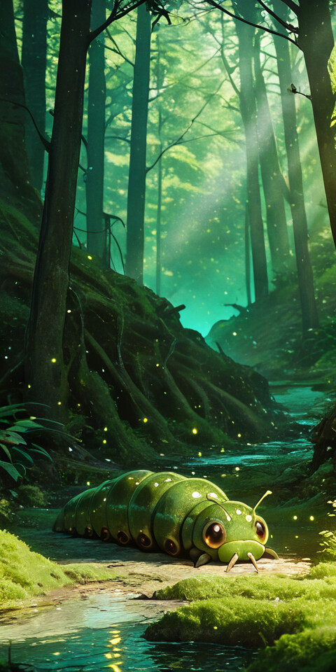 Dziewczyna w stylu anime, o brązowych włosach, ubrana w duży, zielony kostium przypominający gąsienicę, leży na porośniętej mchem ziemi w magicznym lesie, radośnie skubiąc liść, a jej plecy osłania gigantyczna gąsienica.