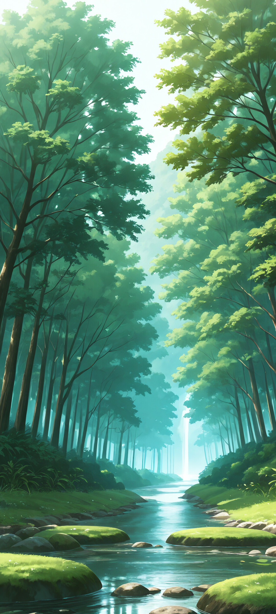 Krajobraz w stylu anime przedstawia czystą, spokojną rzekę, która płynie przez zieloną dolinę, gdzie rośnie bujna trawa, a na zboczach wznoszą się sosny i pagórkowate góry, wszystko to pod błękitnym niebem.