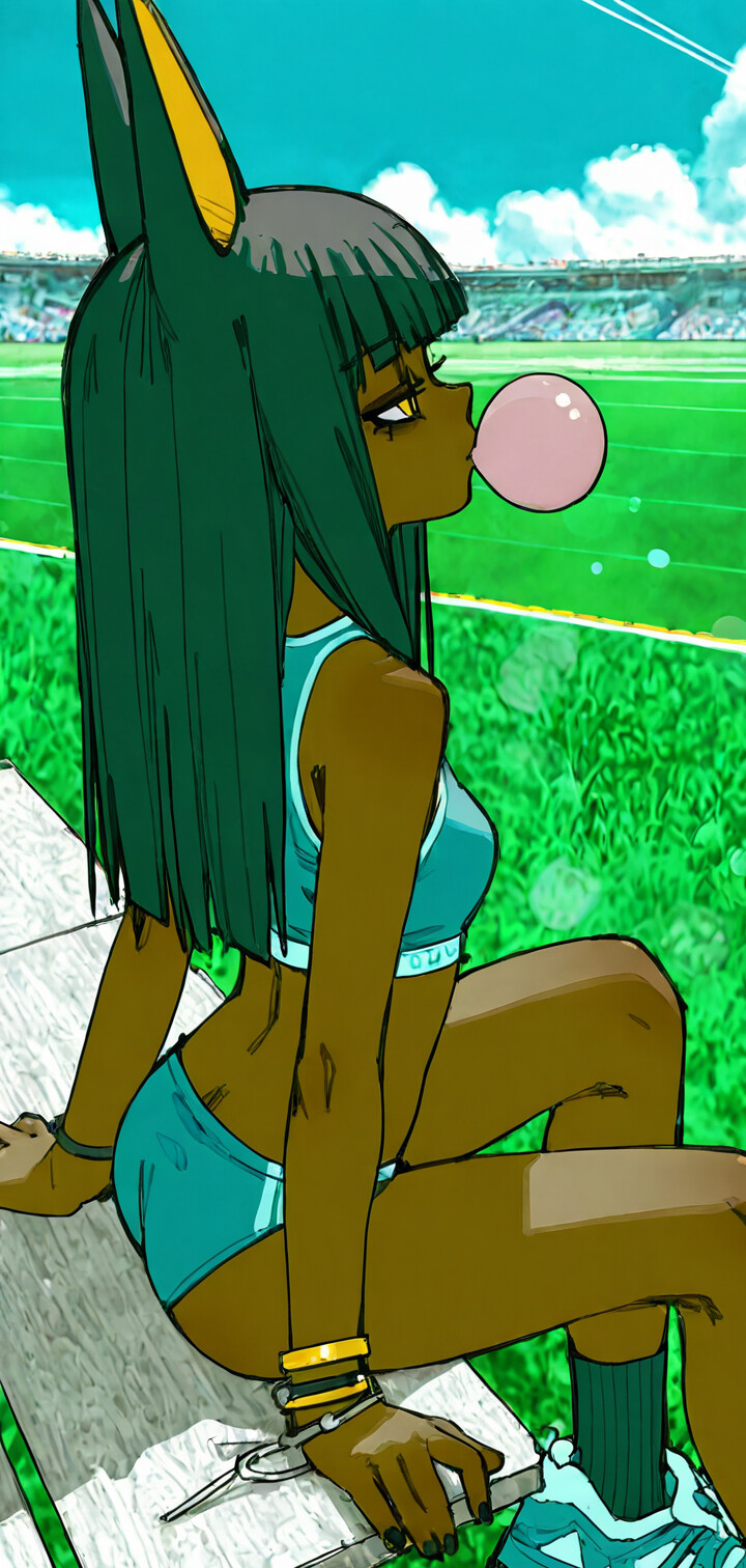 Ilustracja przedstawiająca Ankhę z gry Animal Crossing jako dziewczynę o ciemnej karnacji, czarnych włosach i dużych uszach szakala, ubraną w niebieski dres i dmuchającą bańki z gumy na słonecznym stadionie.