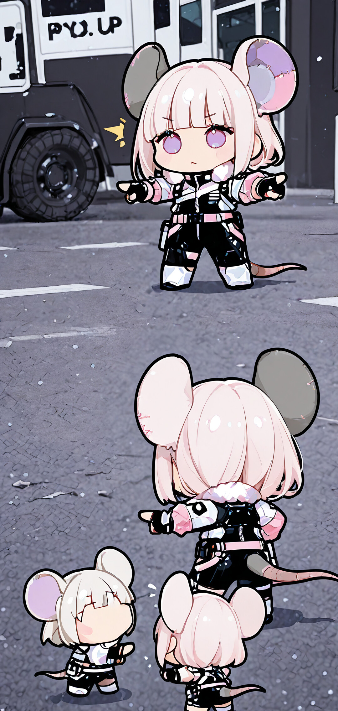 Trzy identyczne, stylizowane na chibi, dziewczynki z anime, o białych włosach i dużych, mysich uszach, ubrane w czarno-różowe, futurystyczne stroje, stoją w kręgu na ośnieżonej ulicy i ze zdziwieniem wskazują na siebie nawzajem, nawiązując do popularnego memu ze Spider-Manem.