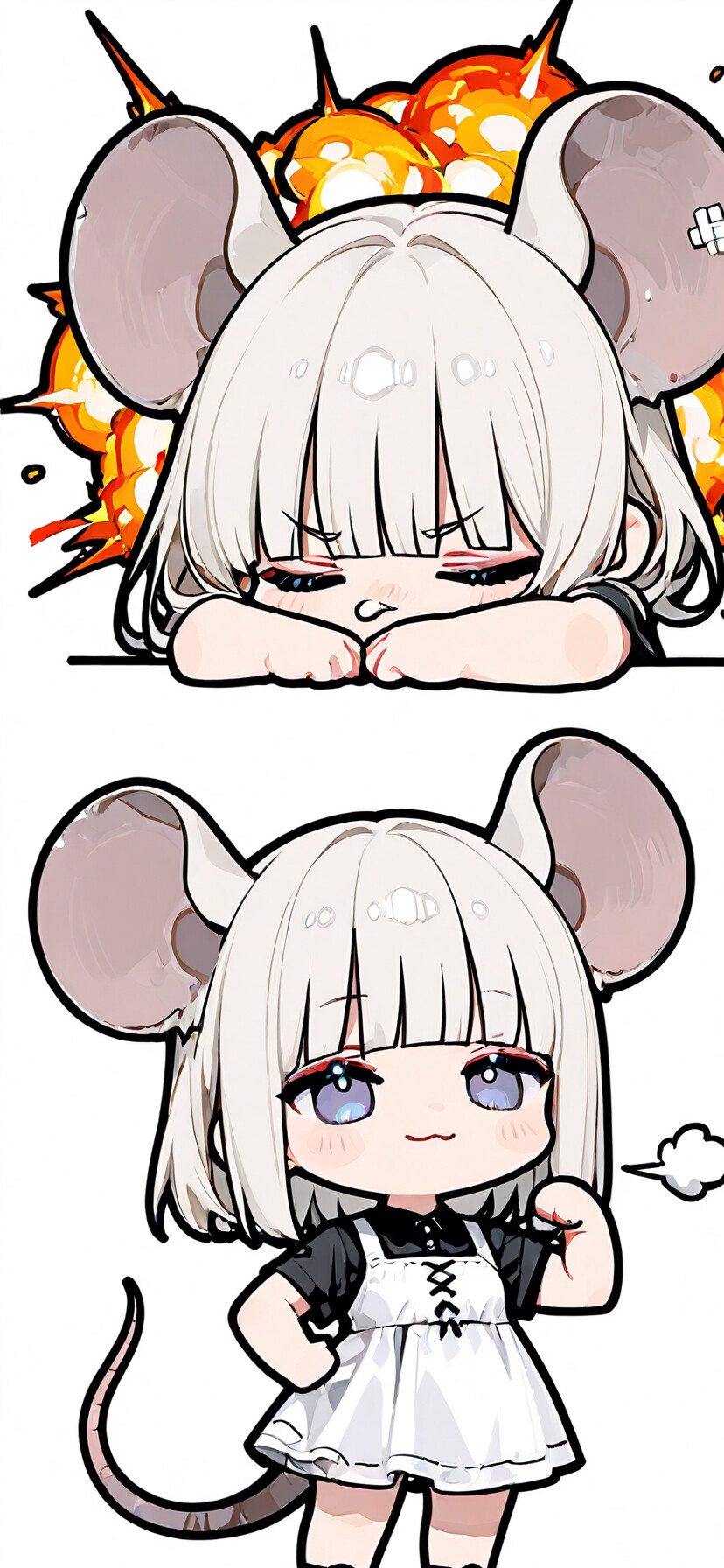 Dziewczynka w stylu chibi, nawiązująca do anime, z dużymi uszami przypominającymi uszy myszy i srebrnymi włosami. Przedstawiona jako Nazrin z serii Touhou Project, ubrana w czarną sukienkę, z pewnością pozuje na tle płonącej eksplozji.