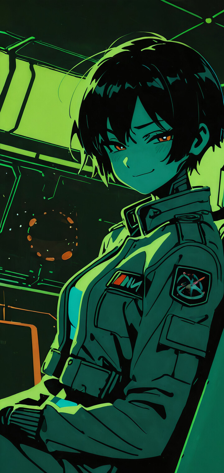 Ilustracja w stylu anime przedstawia kobietę-cyborga o krótkich, ciemnych włosach, która uśmiecha się z przekąsem w ciemnym, futurystycznym pomieszczeniu o zielonym oświetleniu. Ma na sobie kurtkę pilotki, na której rękawie widnieje świecąca naszywka z numerem „02”.