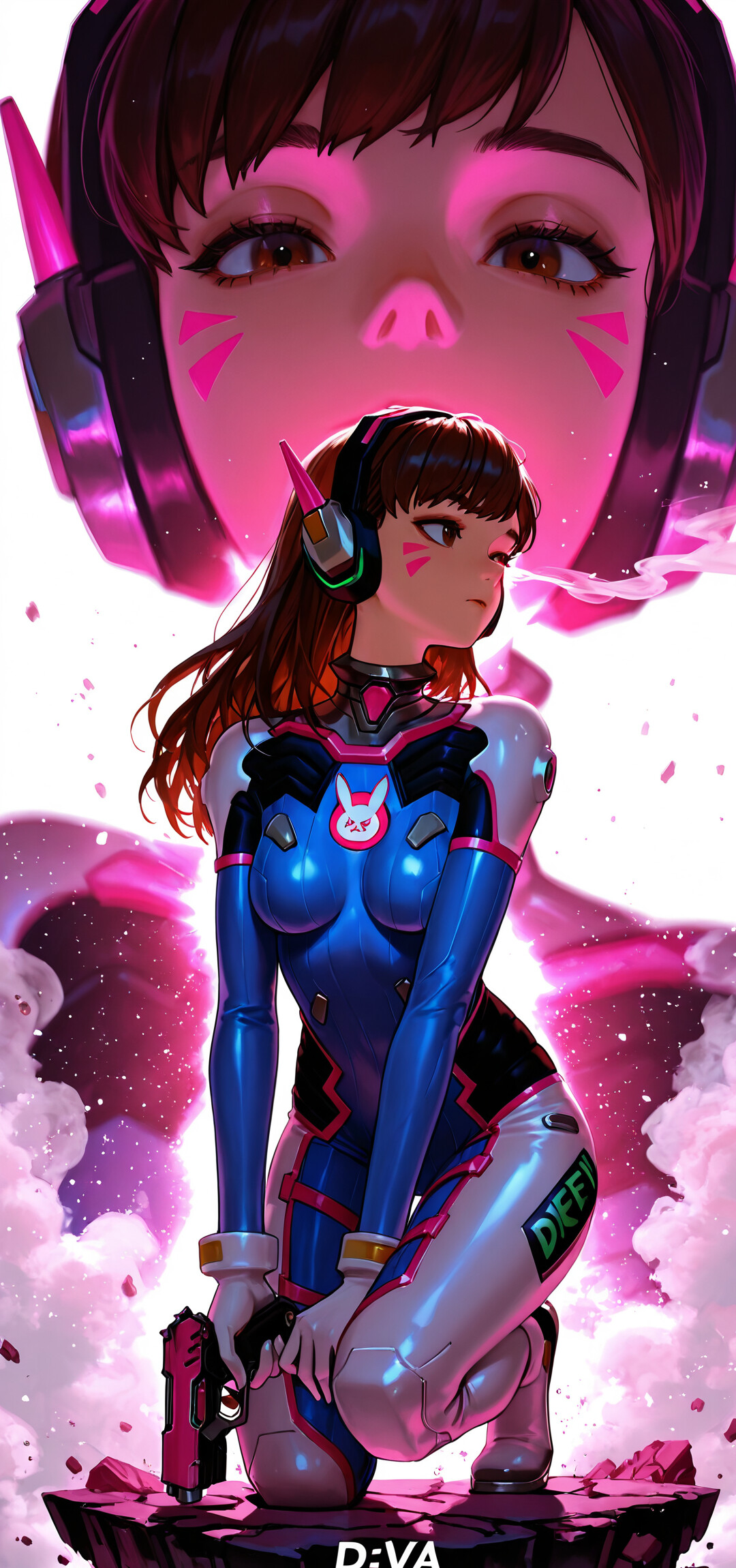 Ilustracja przedstawiająca D.Va z gry Overwatch w pełnej postaci, klęczącą na różowo-czarnej szachownicowej podłodze. Ma na sobie swój kombinezon pilota, trzyma różowy pistolet i spogląda przez ramię. W tle widoczny jest duży, zbliżony portret jej twarzy, zabarwiony na różowo.