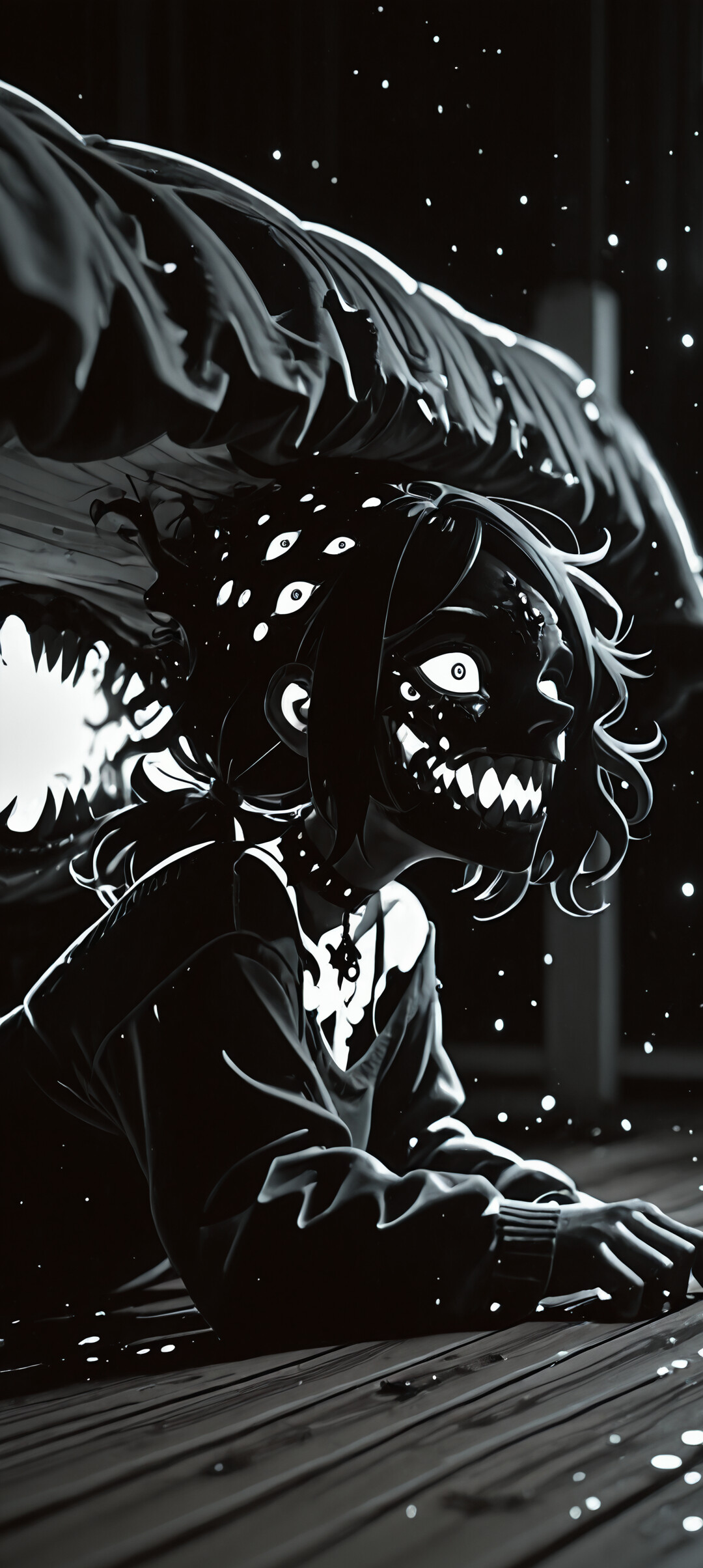 Mroczna i niepokojąca ilustracja Ashley Graves z książki „Trumna Andy’ego i Leyley”, przedstawiająca ją jako potwora. Leży na drewnianej podłodze, pod łóżkiem, ma wiele świecących czerwonych oczu i szeroki, pełen ostrych zębów uśmiech.