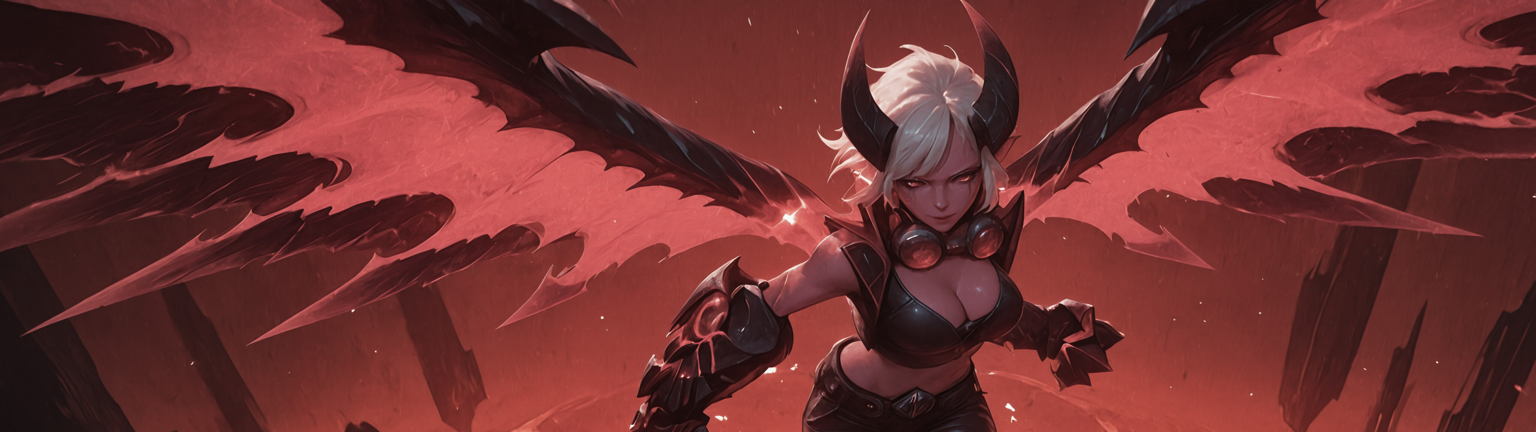 Cyfrowa ilustracja przedstawiająca Demon Vi z gry League of Legends – potężną demoniczną dziewczynę o białych włosach, różowej skórze, dużych rogach i świecących na czerwono skrzydłach, która z rozmachem atakuje, dzierżąc ogromną rękawicę, na tle płonącego krajobrazu.
