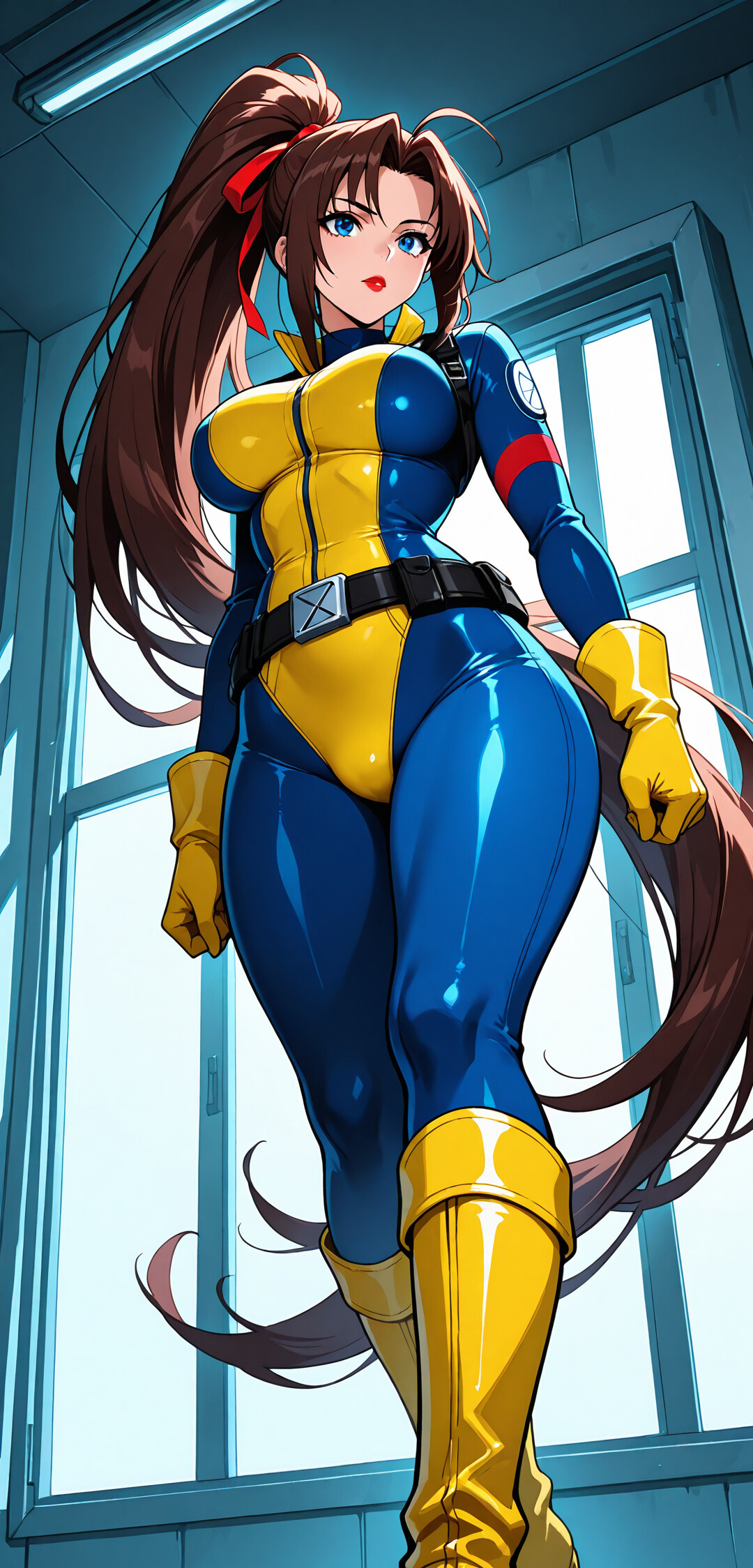 Zdjęcie przedstawia Jean Grey z zespołu X-Men, zrobione z niskiego kąta. Widzimy ją w klasycznym, niebiesko-żółtym stroju do ćwiczeń, pewnie pozującą z długimi, brązowymi włosami związanymi w kucyk.