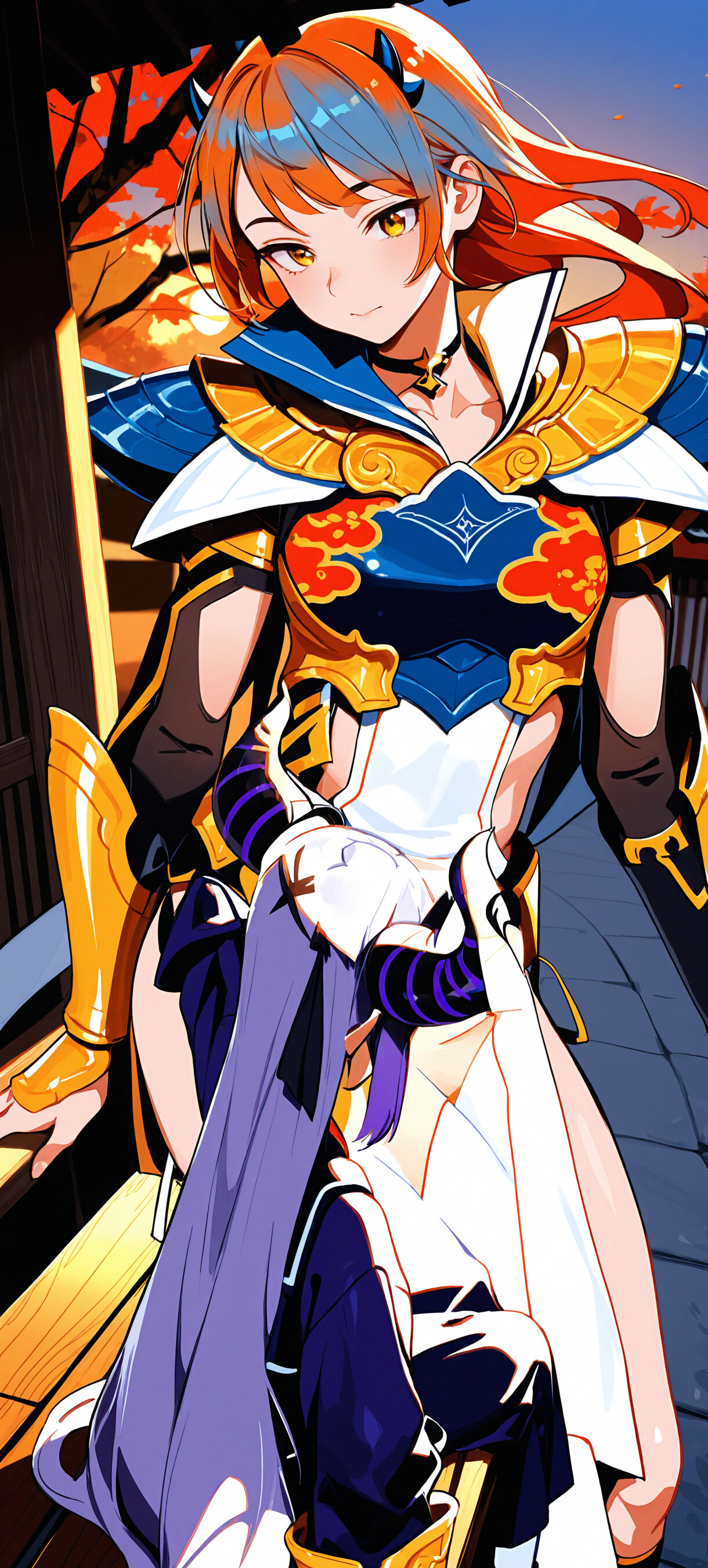 Ilustracja w stylu anime przedstawiająca La+ Darknesss z Hololive – dziewczynę o fioletowych włosach i dużych rogach, siedzącą na drewnianej werandzie w tradycyjnym japońskim otoczeniu o zachodzie słońca, trzymającą w ręku patyczek z *dango*.