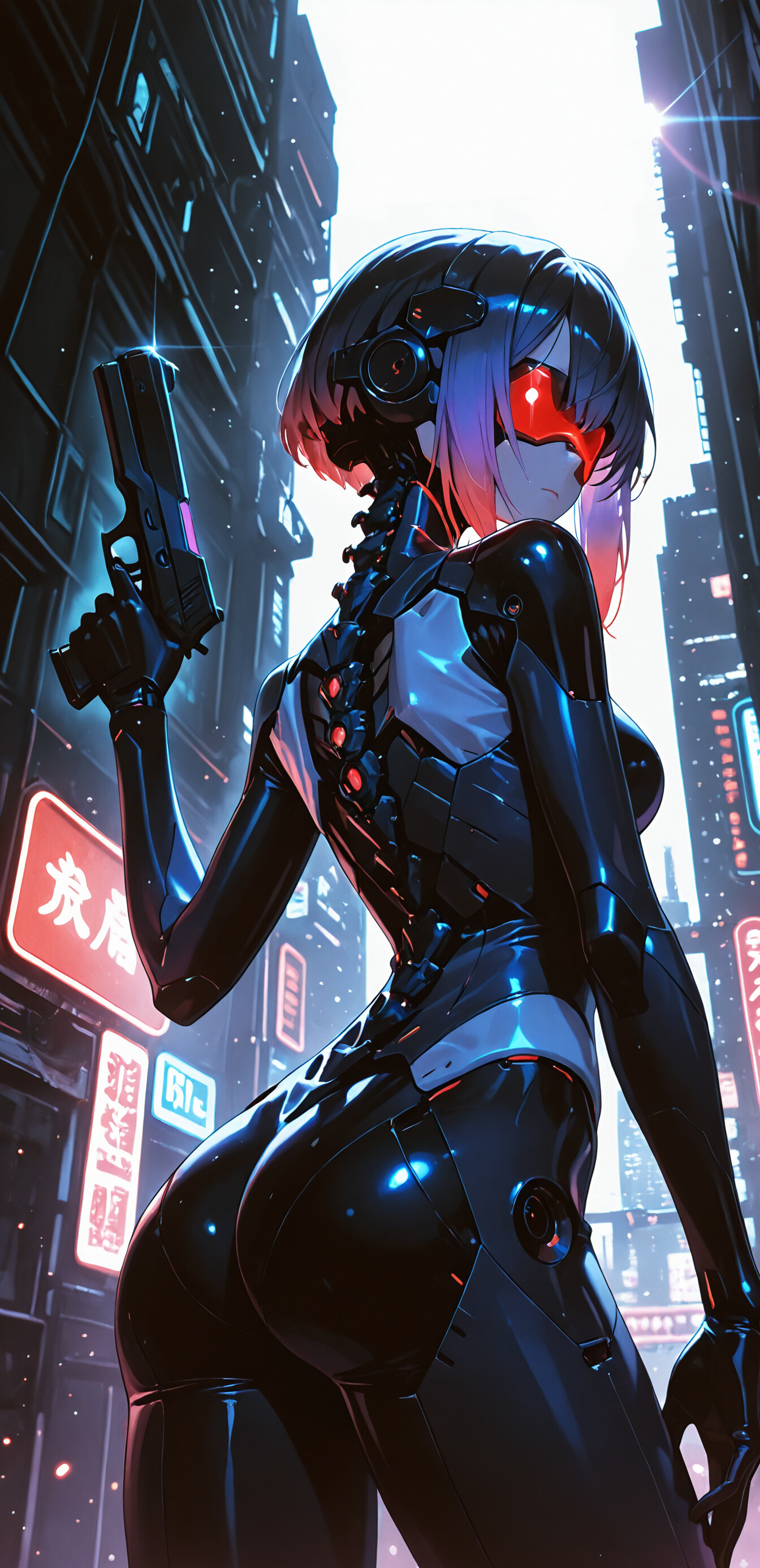 Ilustracja w stylu anime przedstawiająca cyborg Motoko Kusanagi z serii „Ghost in the Shell”. Ma krótkie, fioletowe włosy, czerwony wizjer i ubrana jest w czarny, cybernetyczny kombinezon, odsłaniający mechaniczny kręgosłup. Trzyma w ręku pistolet i spogląda przez ramię w stronę futurystycznego miasta nocą, pełnego neonowych szyldów.