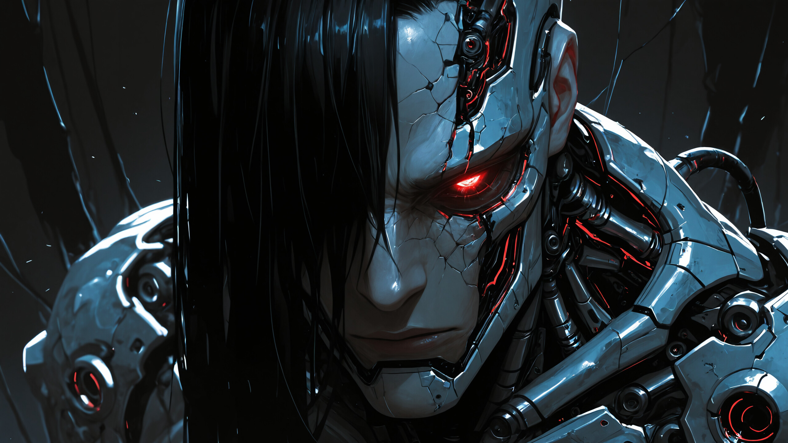 Portret robota przedstawiający jego przednią część: biały szkielet z czerwono świecącymi oczami i uszkodzoną czaszką, odsłaniającą czarne elementy mechanizmu, na ciemnym tle.